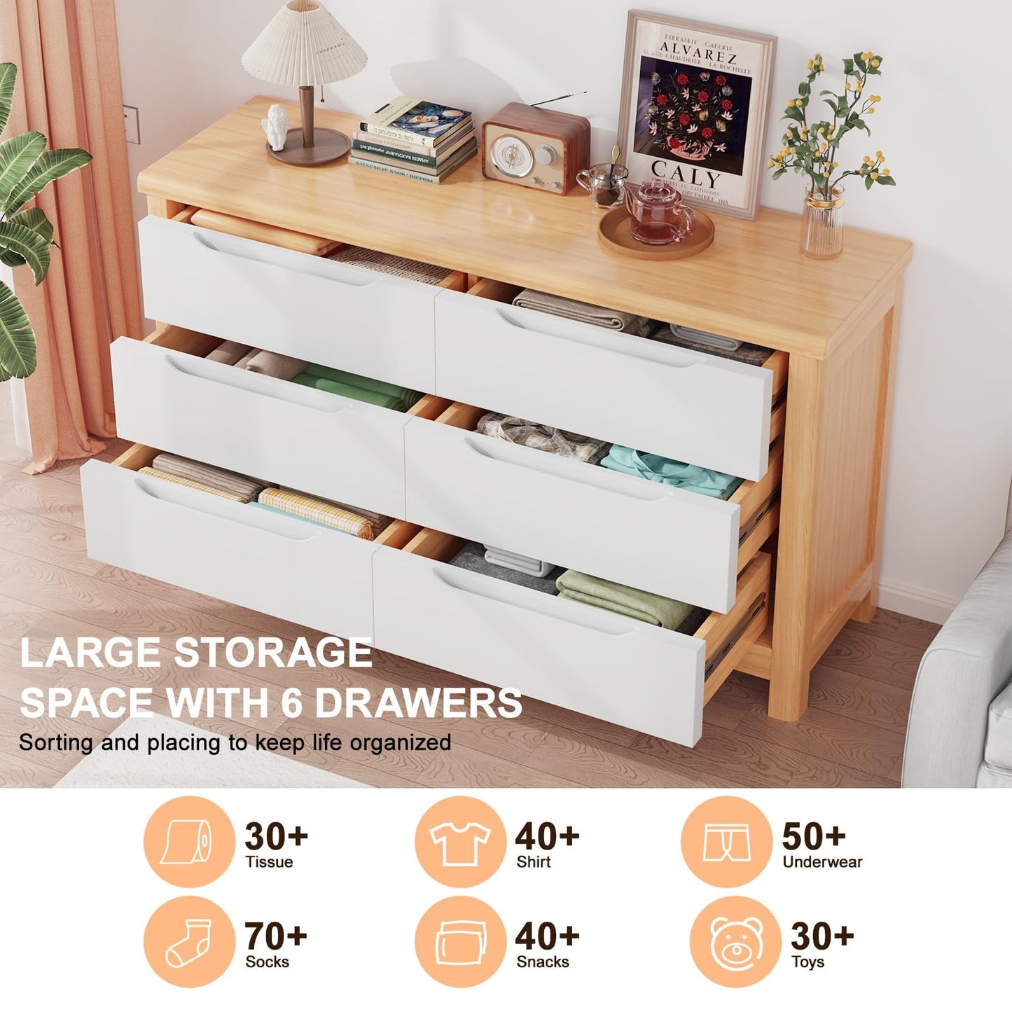 Polynices Bedroom Dressers with Drawers,Large Natural Wood Dresser & Chests of 6 Drawers Storage Organizer, Modern Wide Dresser for Bedroom, Kids Bedroom, Hallway White - WoodArtSupply