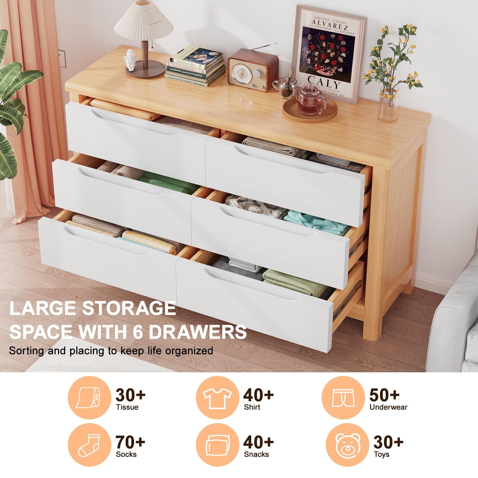 Polynices Bedroom Dressers with Drawers,Large Natural Wood Dresser & Chests of 6 Drawers Storage Organizer, Modern Wide Dresser for Bedroom, Kids Bedroom, Hallway White - WoodArtSupply