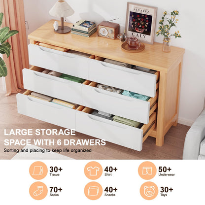 Polynices Bedroom Dressers with Drawers,Large Natural Wood Dresser & Chests of 6 Drawers Storage Organizer, Modern Wide Dresser for Bedroom, Kids Bedroom, Hallway White - WoodArtSupply