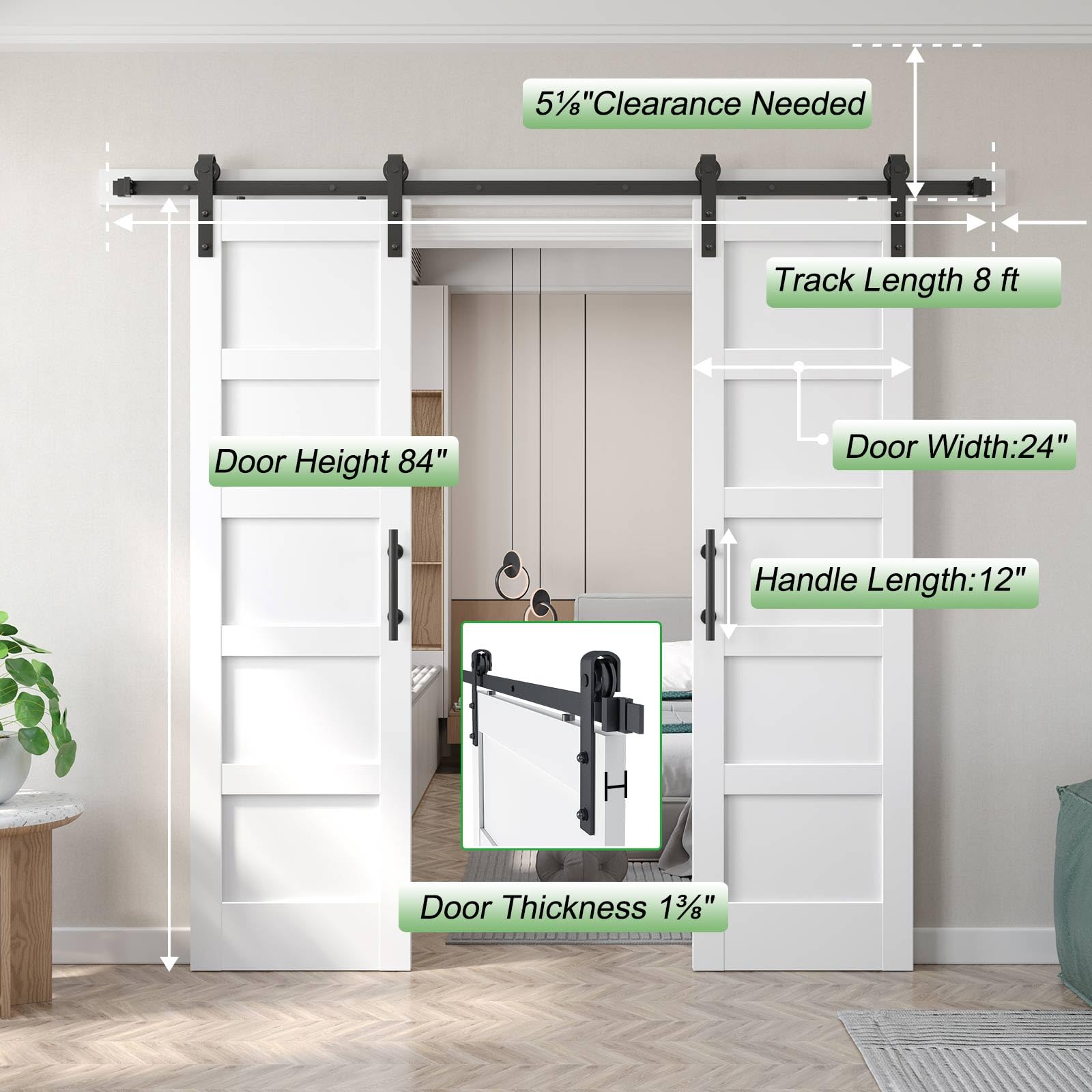 Fredbeck 24x84 inch Double White Barn Door with 8FT Barn Door Hardware Kit Included,with MDF and Wood, Solid PVC Surface,DIY Assembly,5-Panel,48inch - WoodArtSupply