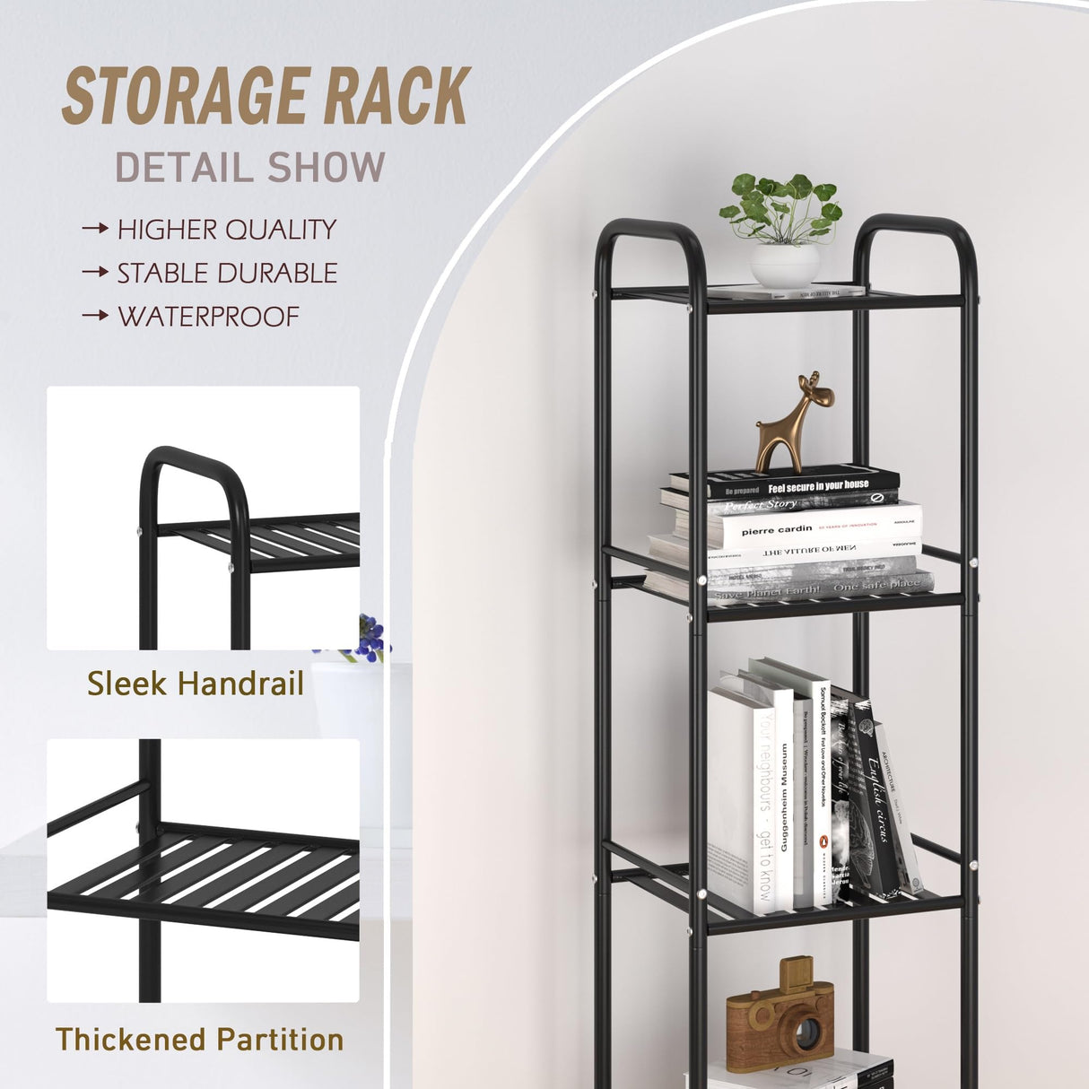 JSB 5 Tier Narrow Bathroom Shelving Unit, Kitchen Storage Rack Organizer Metal Corner Shelf for Living Room Laundry Pantry (Matte Black, 5 Tier) JSB