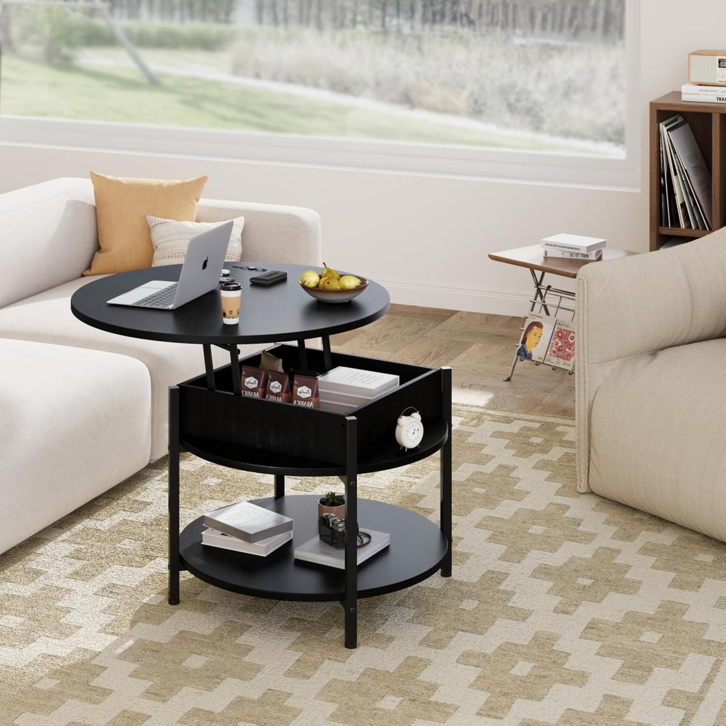 Ablefurn Black Coffee Table, 26.77” Lift Top Coffee Table with Hidden Compartment and Open Storage Shelf, 2 Tier Small Round Coffee Table Circle Central Table w/Adjustable Foot Pad for Living Room