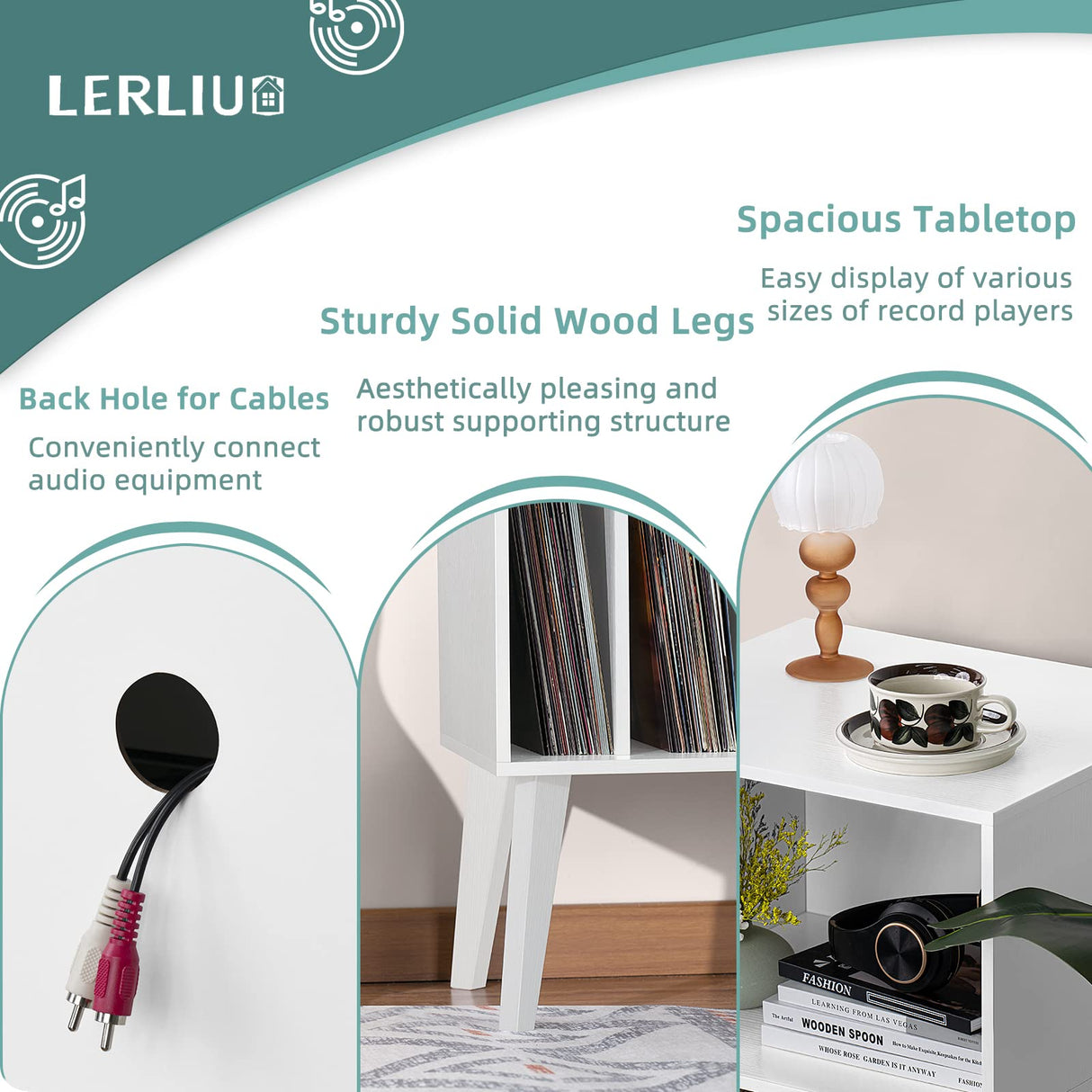 Lerliuo Record Player Stand with Charging Station, White Turntable Stand Holds up to 160 Albums, Mid-Century Vinyl Storage Cabinet Table with Wood Legs, Record Holder Dispaly Shelf for Living Room Lerliuo