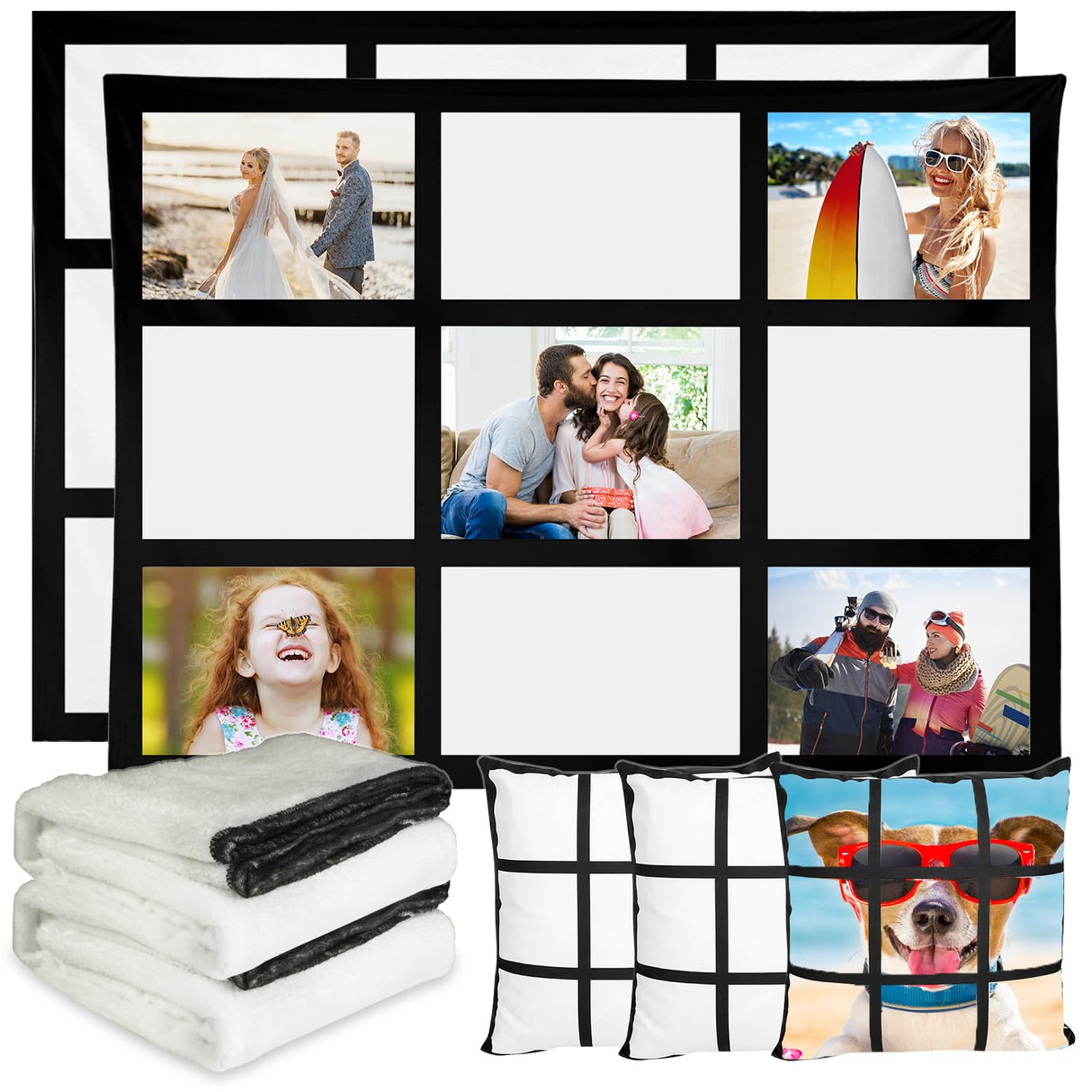 2 Pack 60 x 50 Inch Sublimation Throw Blanket for Heat Press Printed 9 Panel Blank Flannel Blanket & 3 PCS Pillow Cover SOFE DIY Custom Sublimation Photos Home Sofa Couch Bed Travel Decor See Seattle