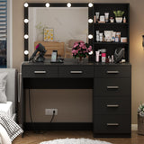 Loomie Vanity Desk with Lighted Mirror & Power Outlet, Makeup Vanity Table with 6 Drawers, 3-Tier Shelf, Vanity Dresser with 10 Lights in 3 Lighting Colors for Bathroom, Bedroom,Makeup Room, Black Loomie