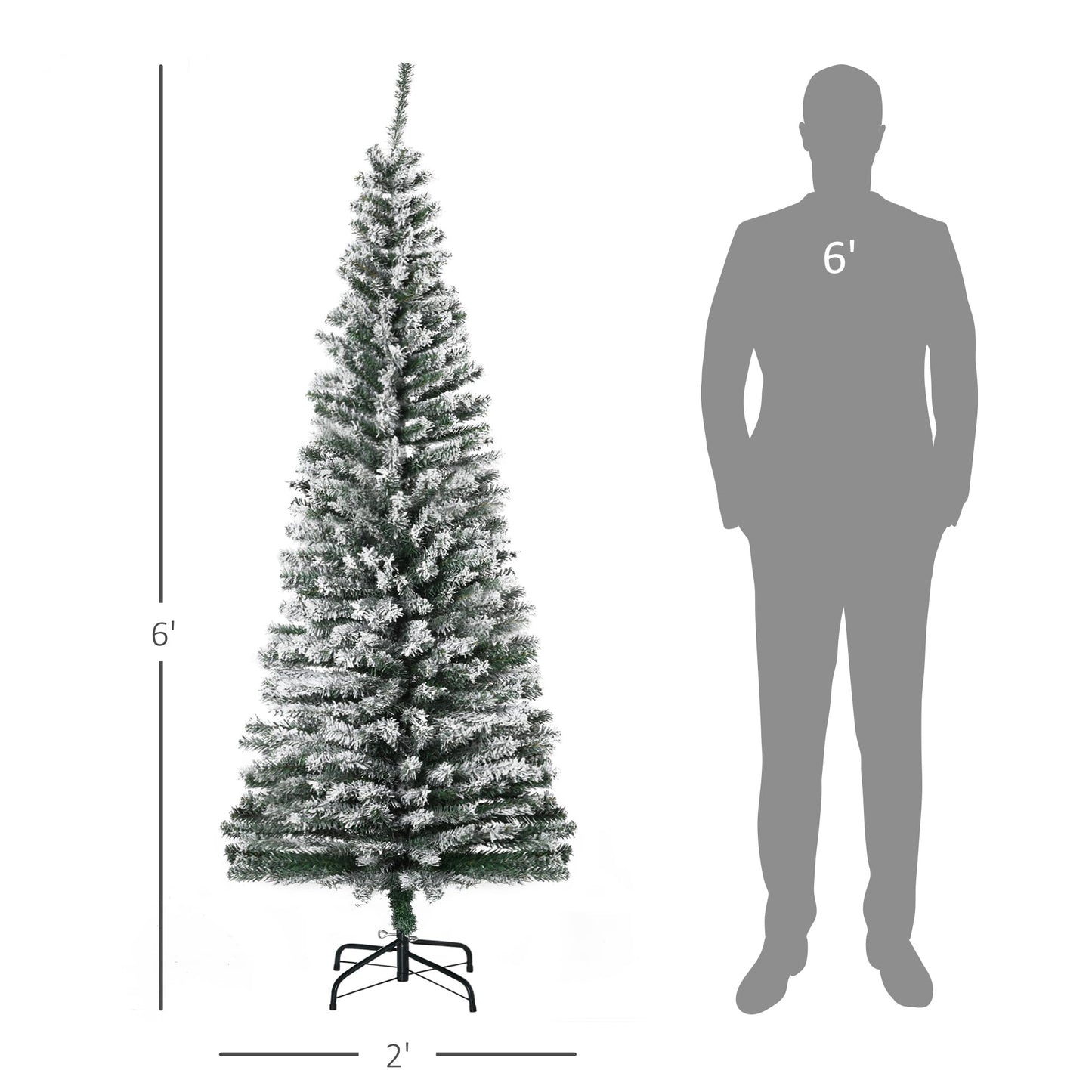 HOMCOM 6' Tall Unlit Snow-Flocked Slim Artificial Christmas Tree with Realistic Branches and 492 Tips