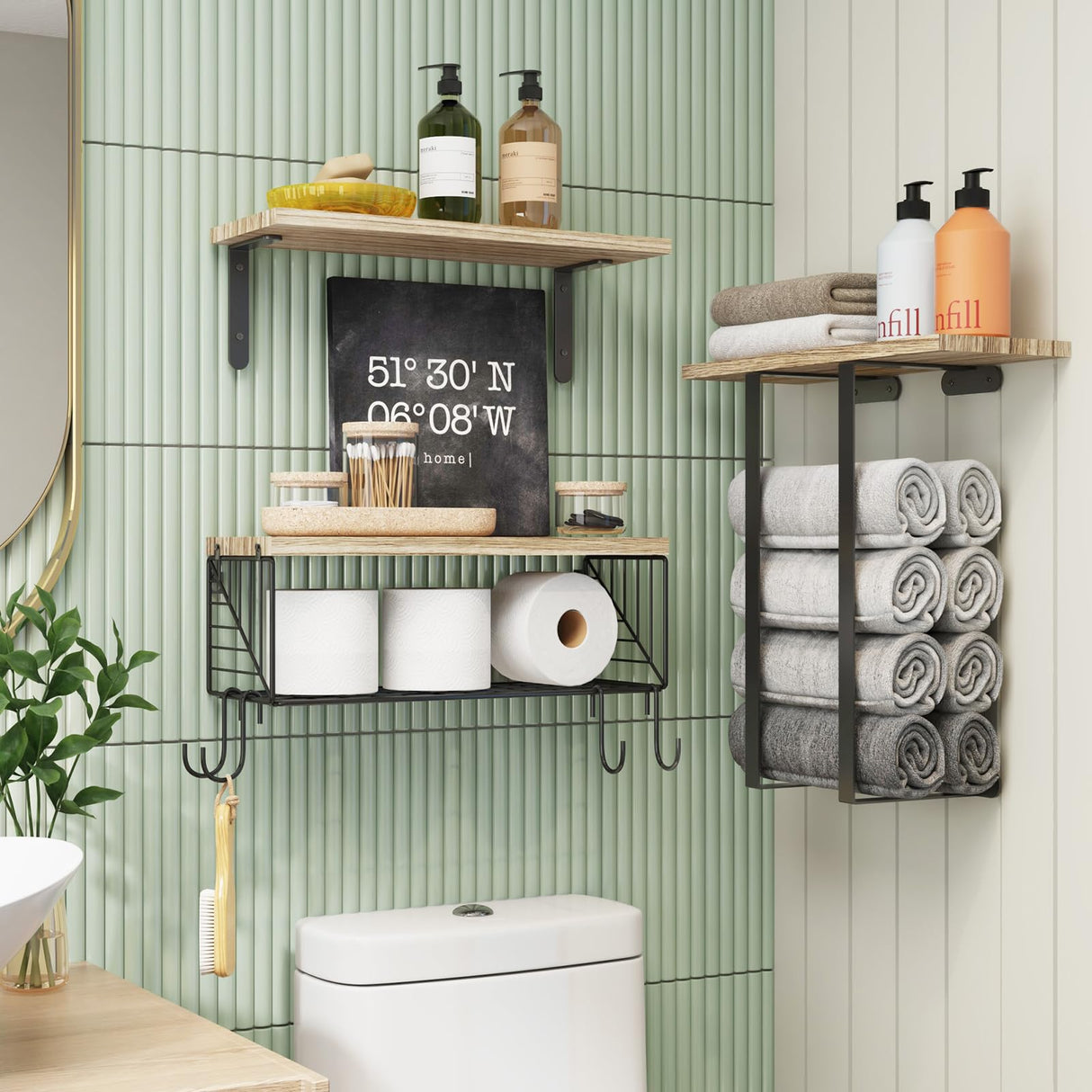 Fixwal Bathroom Floating Shelves Over Toilet Wall Shelves Set with Towel Storage Rack for Bathroom Organization & Wall Decor(Rustic Brown) Fixwal