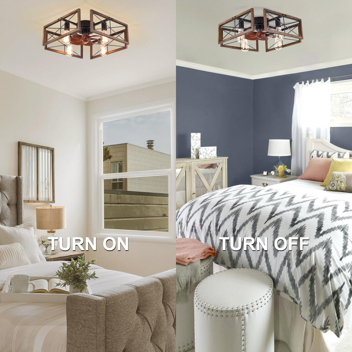 Capslpad 20''Farmhouse Flush Mount Ceiling Fan with Light and Remote Control,Industry Wood Low Profile Fan Rustic Industrial Caged Indoor Ceiling Fan for Bedroom Living Room Kitchen (4-Light) Capslpad