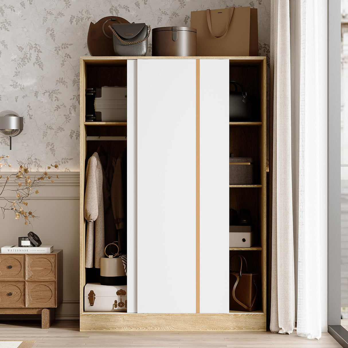 Timechee Almirah for Clothes, Storage Wardrobe Closet Cabinet, Clothes Closet with Metal Hanging Rod, 4 Shelves and Sliding Doors for Bedroom, Natural + White (21.4" D x 47.2" W x 69.7" H) Timechee