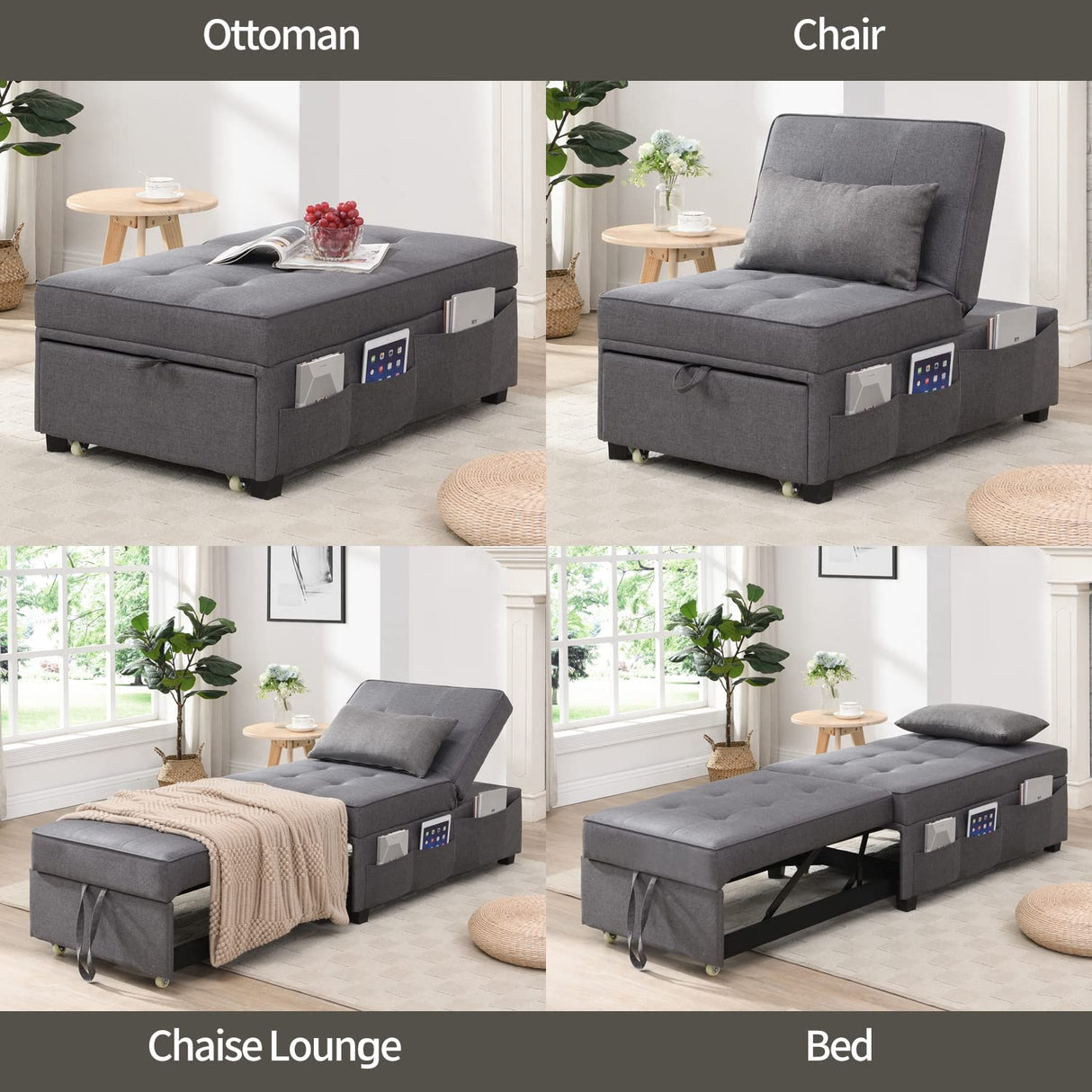 Cynefin Futon Chair with Lumbar Pillow and 3 Side Pockets, Sofa Bed Chair, Convertible 4 in 1 Ottoman Bed Tufted Fabric Gray (M, Gray) Cynefin
