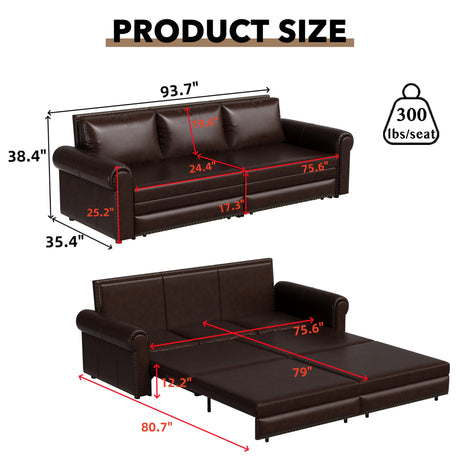LuxyHoom 93.7" King Size Sleeper Sofa Bed, Pull Out Sofa Bed, Faux Leather Upholstery, 3 in 1 Convertible Sleeper Couch, Chaise Lounge, Retro Recliner for Living Room, Office, Apartment, Dark Brown LuxyHoom