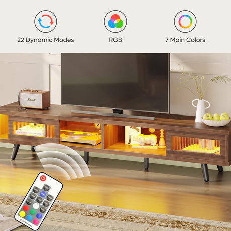 Bestier Mid Century Modern TV Stand for 75 inch TV, LED Entertainment Center with Storage and Sliding Doors, Low Profile TV Consoles for Living Room, Ancona Walnut Bestier