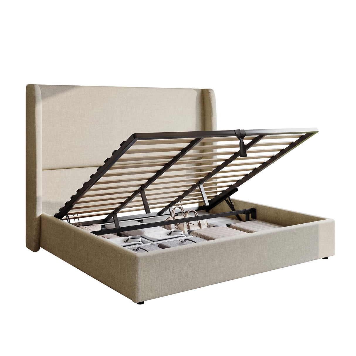 AMERLIFE Lift Up Storage Bed King Size Linen Upholstered Platform Bed Frame, Hydraulic Storage,Modern Wingback Headboard, No Box Spring Needed, Khaki AMERLIFE