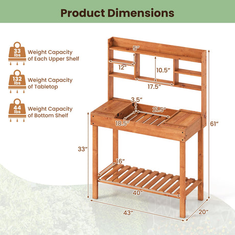 Happygrill Wooden Potting Bench Table, 61" Garden Planting Workstation w/ 3-Tier Open Shelf, Flip-up Tabletop, Bottom Storage Rack, Indoor Outdoor Flower Pot Bench for Backyard, Balcony, Lawn HAPPYGRILL