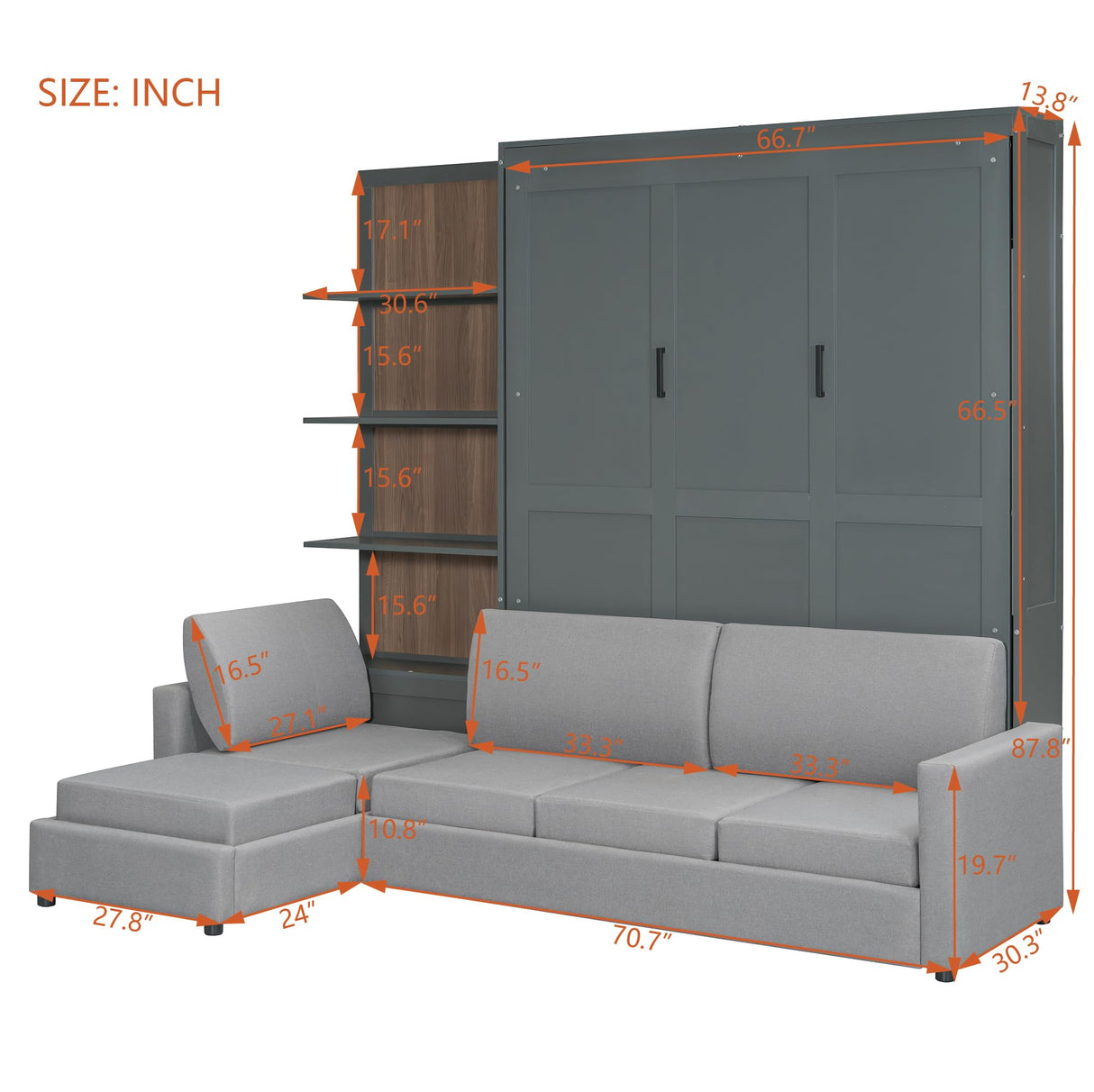 Queen Size Murphy Bed Wall Bed with Sofa and Shelves,Versatile Convertible Wooden Bed Frame,Space-Saving for Multipurpose Guest Room or Home Office (Gray) GYYBED