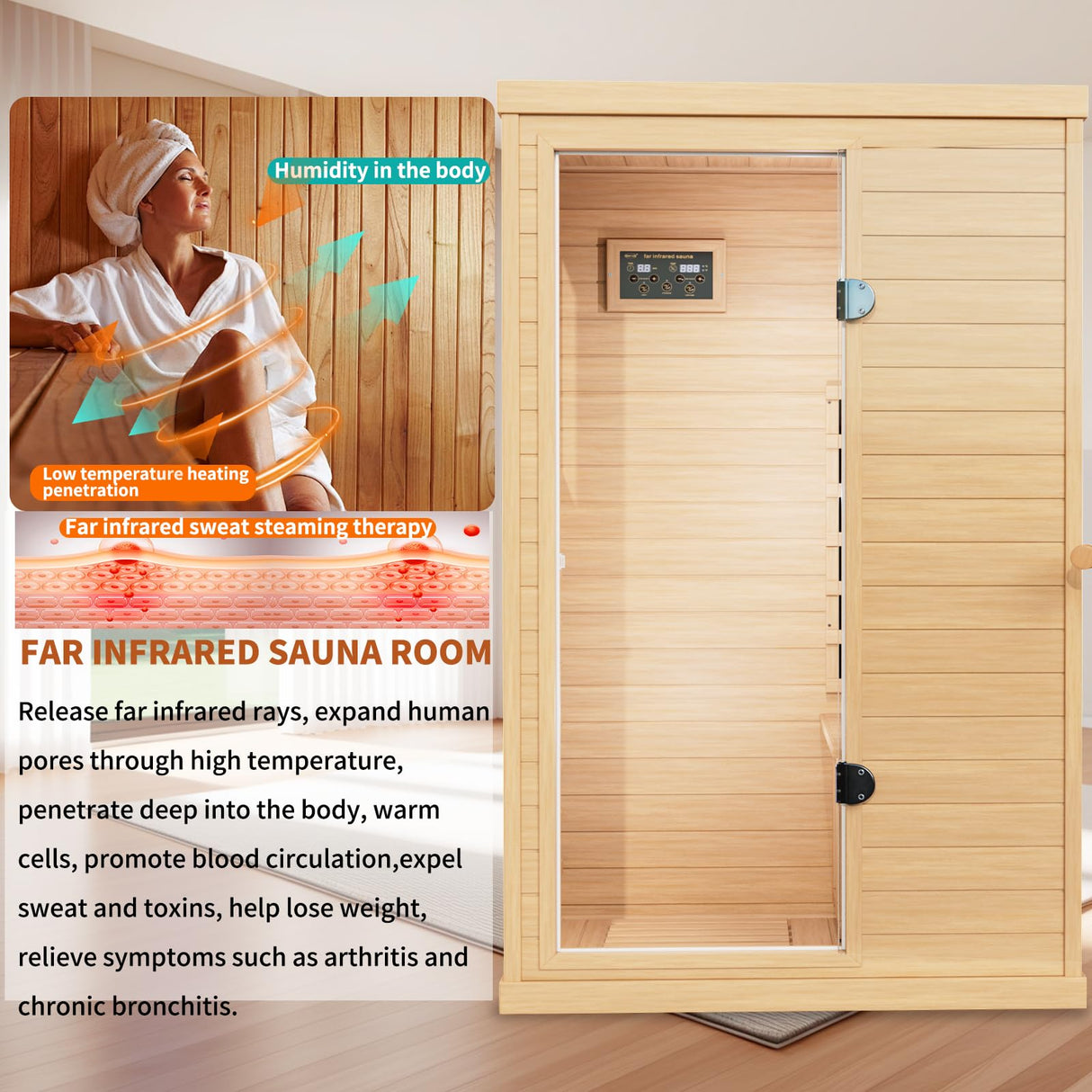 Infrared Wooden Sauna 1 Person Infrared Saunas for Home Dry Sauna for Home, Low Emf Infrared Sauna 1050W Indoor Saunas for The Home, Bluetooth Speakers, Reading Lamps, Room:63 * 28.74 * 36.61Inch KOOZONEGM