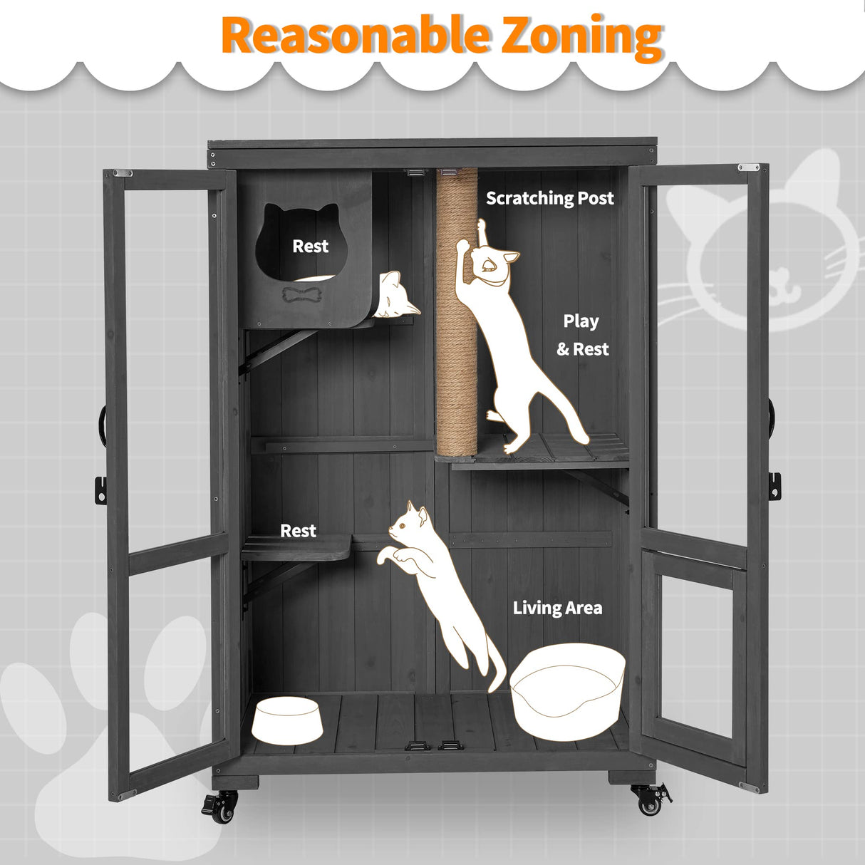 MCombo Luxury Cat House with Scratching Post, Wooden Large Cat Villa with Wheels, Multi-Feature Cat Condo with Escape Door, Cat Cages Enclosures with Shelter Indoor/Outdoor 6012-CT83 (Grey) mcombo