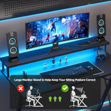 TIQLAB Gaming Desk with Power Outlets & LED 40 Inch Ergonomic Computer Carbon Fiber Surface Gamer Desk, Large Monitor Stand, Headphone Hook, PC Workstation for Bedroom, Black Desk TIQLAB