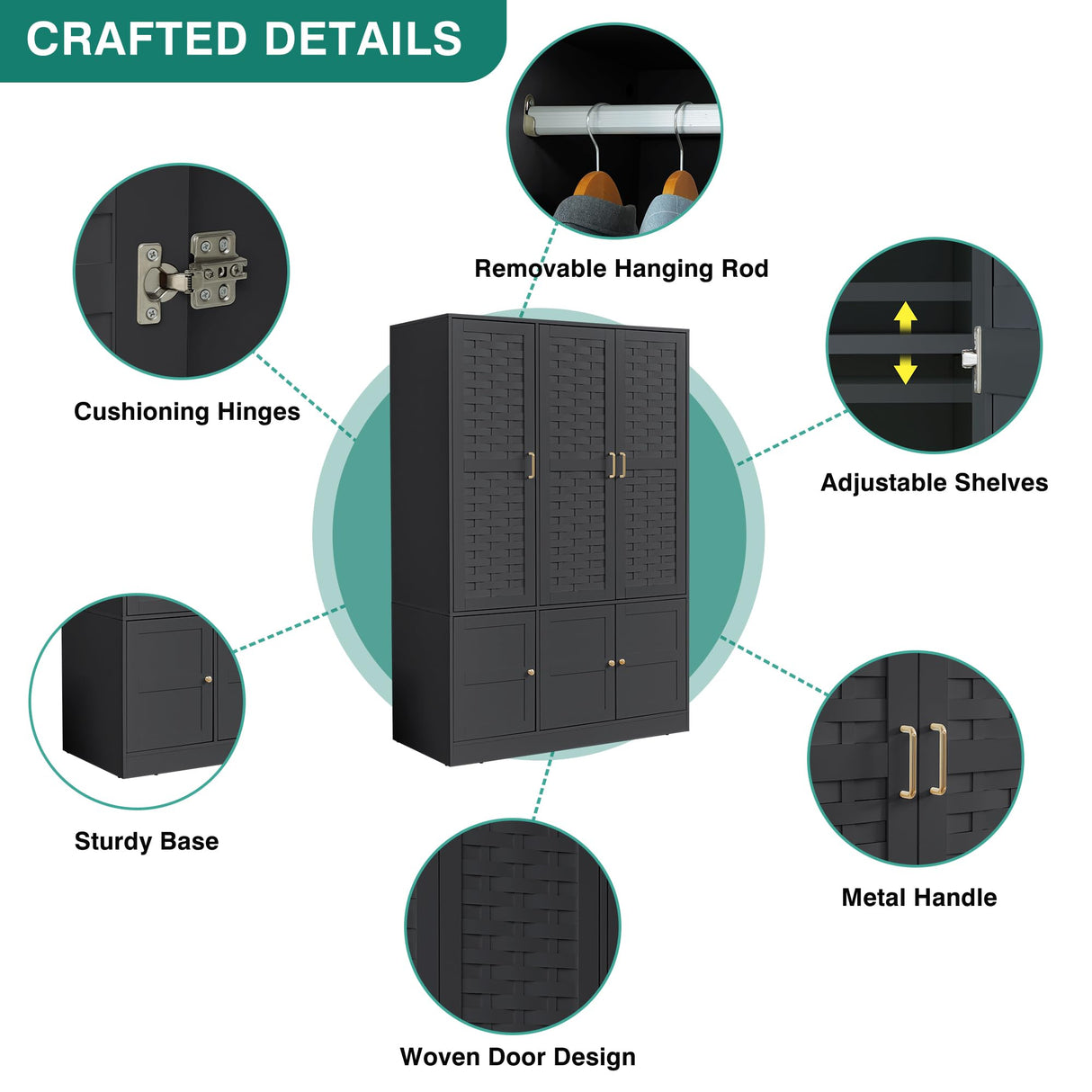 LEVNARY Black Wardrobe Closet with 3 Woven Doors, Large Armoire Wardrobe Cabinet with Adjustable Shelves and Hanging Rail, Freestanding Tall Bedroom Closet with Drawers for Clothes (Black) LEVNARY