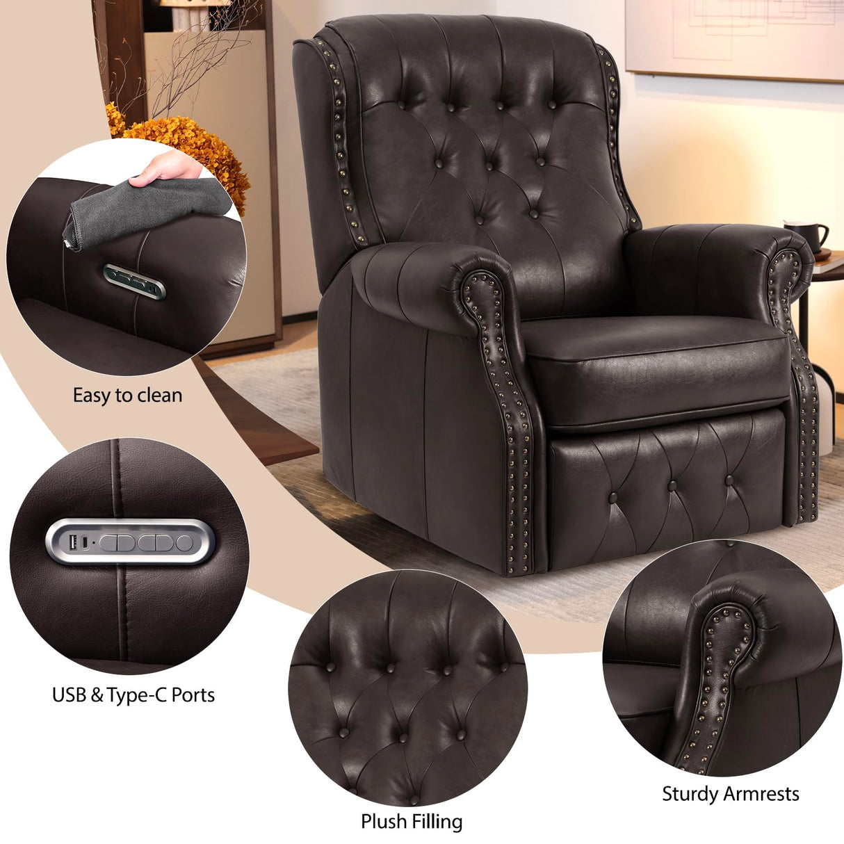 EONIX Dual Motor Lay Flat Power Recliner Chair, Mid Century Wingback Recliner with Independent Adjustable Backrest and Extended Footrest, 400lbs Heavy Duty, Breathable Faux Leather, Dark Brown EONIX