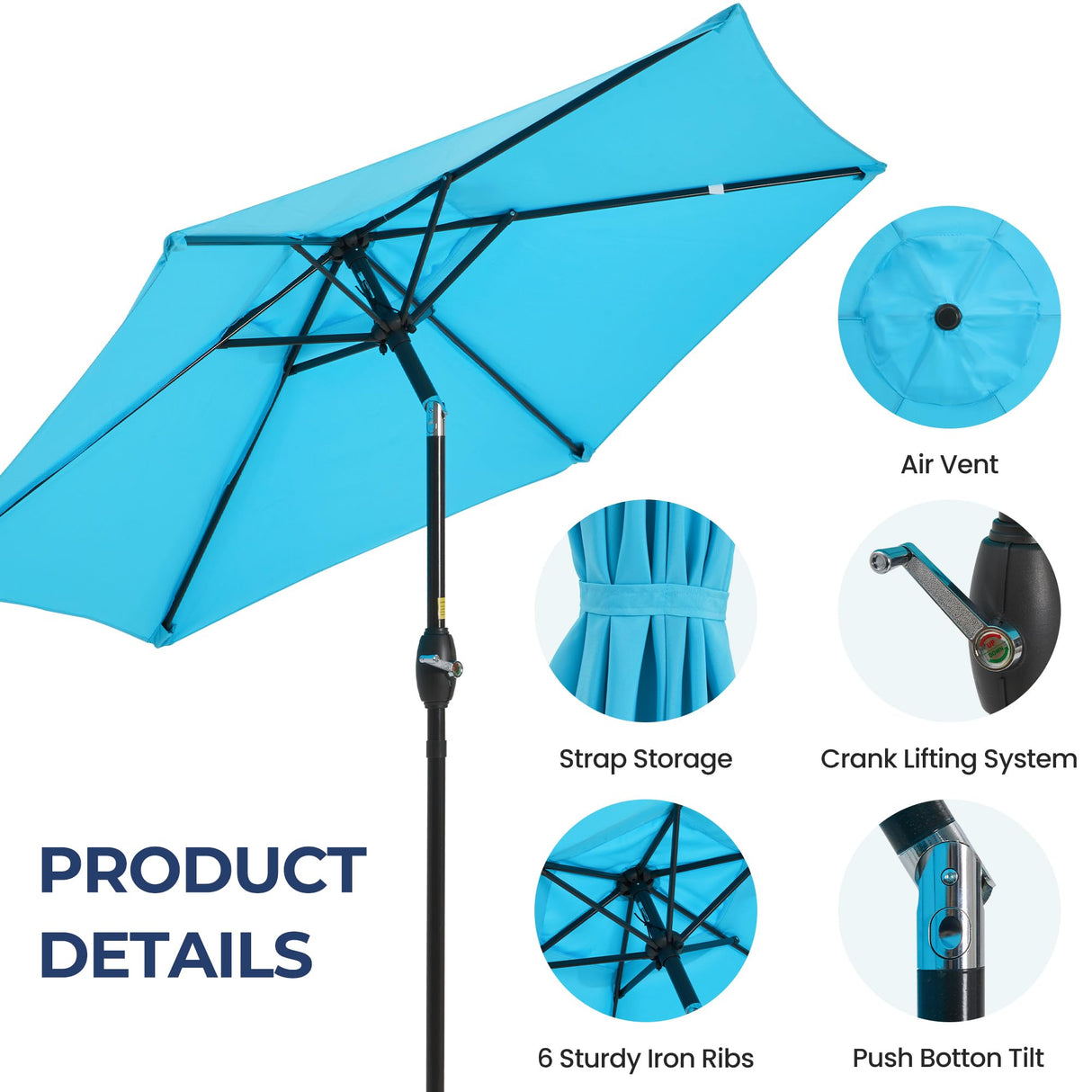 SUNVIVI OUTDOOR 7.5' Outdoor Patio Umbrella, Patio Umbrella, Market Umbrella, Luxury Aluminum Pole Umbrella with Push Button Tilt and Crank, 6 Ribs, Polyester Canopy, Blue SUNVIVI OUTDOOR