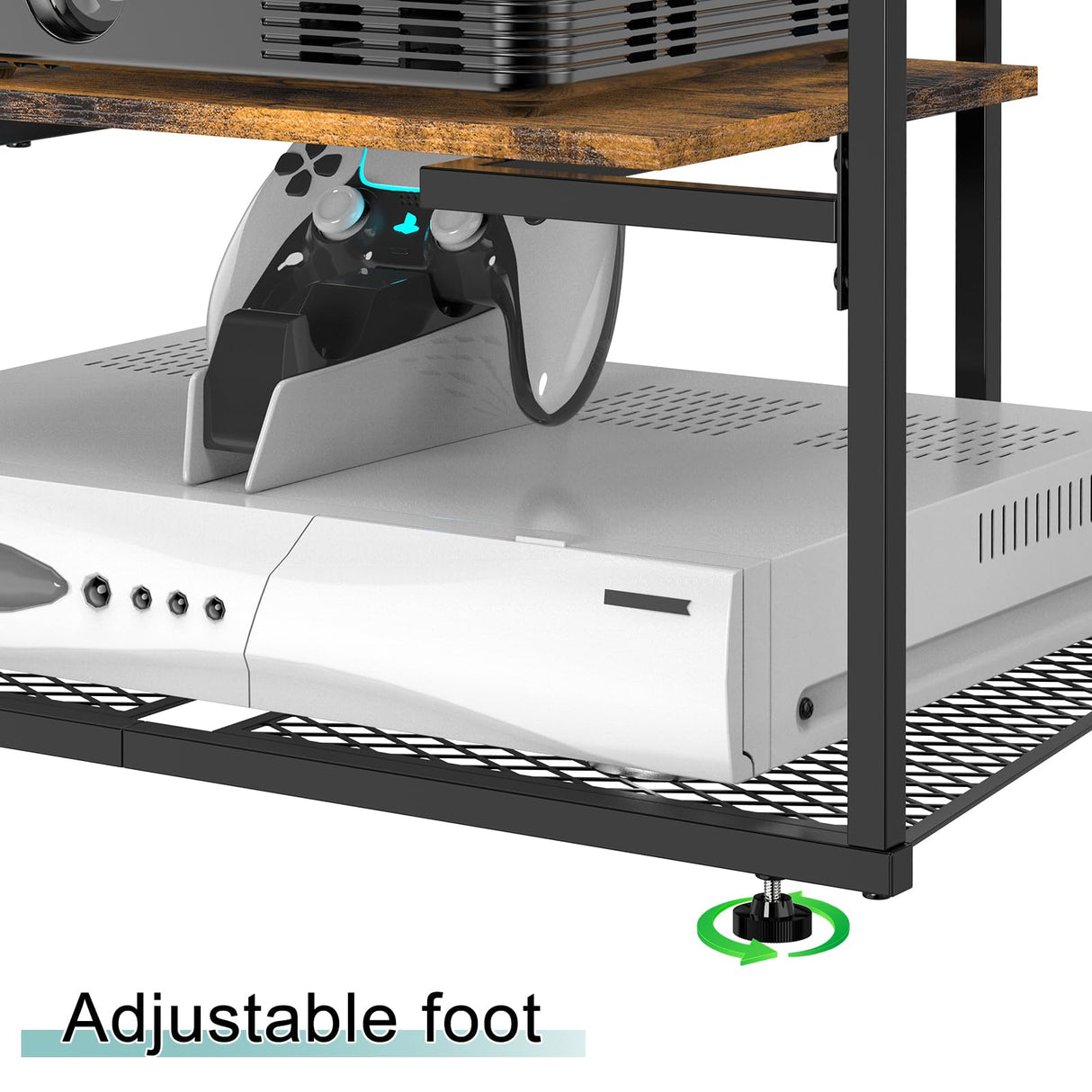 YBING 4-Tier AV Media Stand, Stereo Cabinet, Media Console with Charging Station, Record Player Stand, Corner TV Shelf, Brown YBING