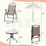 Vongrasig 6 Pieces Folding Patio Dining Set, All Weather Small Metal Outdoor Table and Chairs Set, Patio Furniture Set w/Umbrella, Glass Table & 4 Folding Chairs for Garden, Lawn, Backyard, Brown Vongrasig