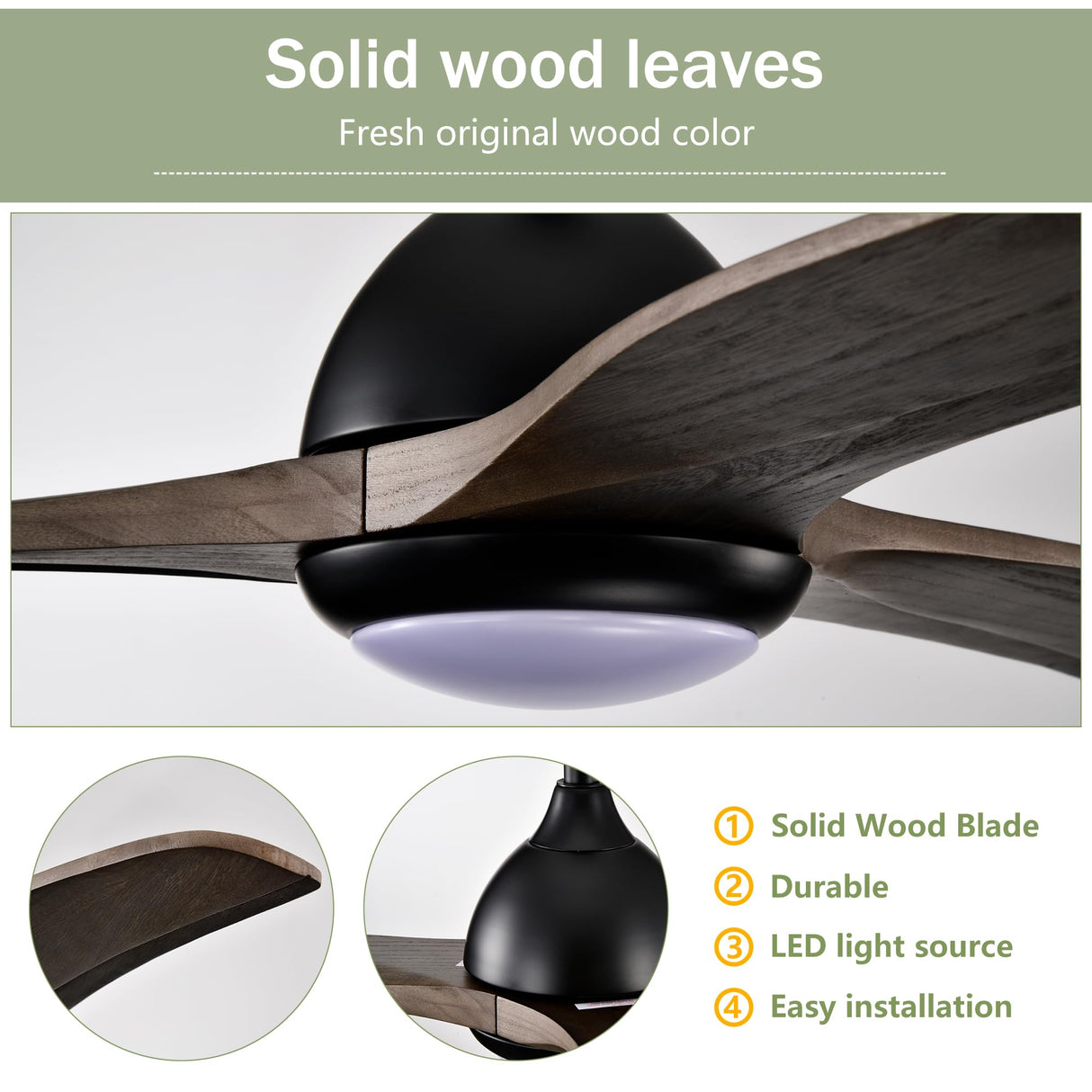 Shaical 52" Ceiling Fan with Lights and Remote Control, Modern Solid Wood Ceiling Fan, Reversible DC Motor 6 Speed 3 Blades Quiet Ceiling Fans for Bedroom, Living Room, Patio Shaical