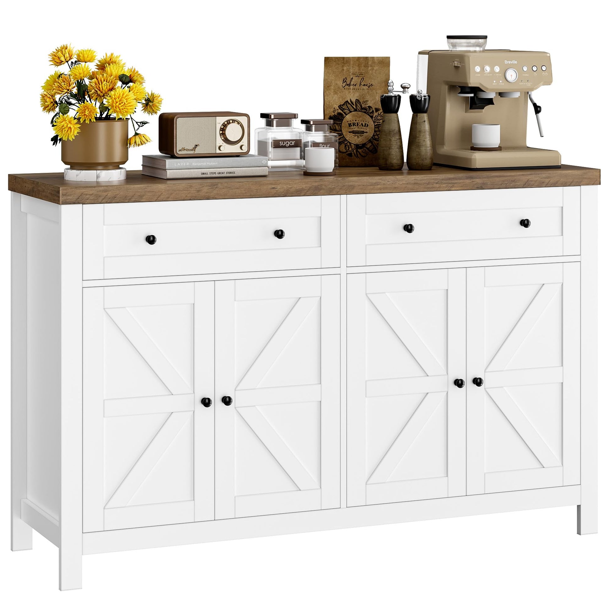 HOSTACK 55" Buffet Sideboard Cabinet with Storage, Modern Farmhouse Coffee Bar Cabinet with Drawers and Shelves, Barn Doors Storage Cabinet for Kitchen, Living Room, White - WoodArtSupply