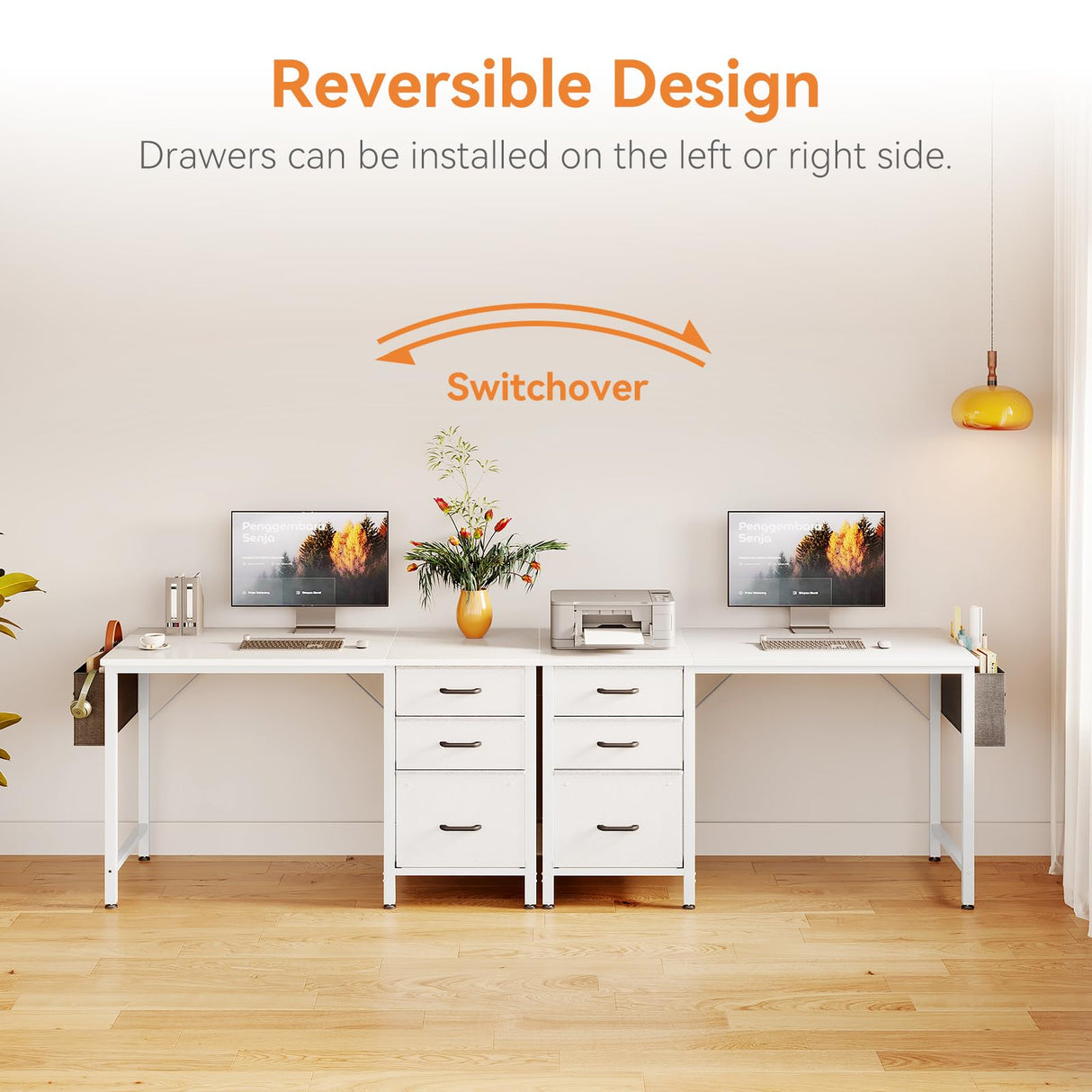 Casaottima 40-Inch Small Computer Desk with Fabric Drawers & File Cabinet, Home Office Desk with Cloth Storage Bag and Hook, Writing Study Work Table for Small Space, Vanity Desk for Bedroom, White Casaottima