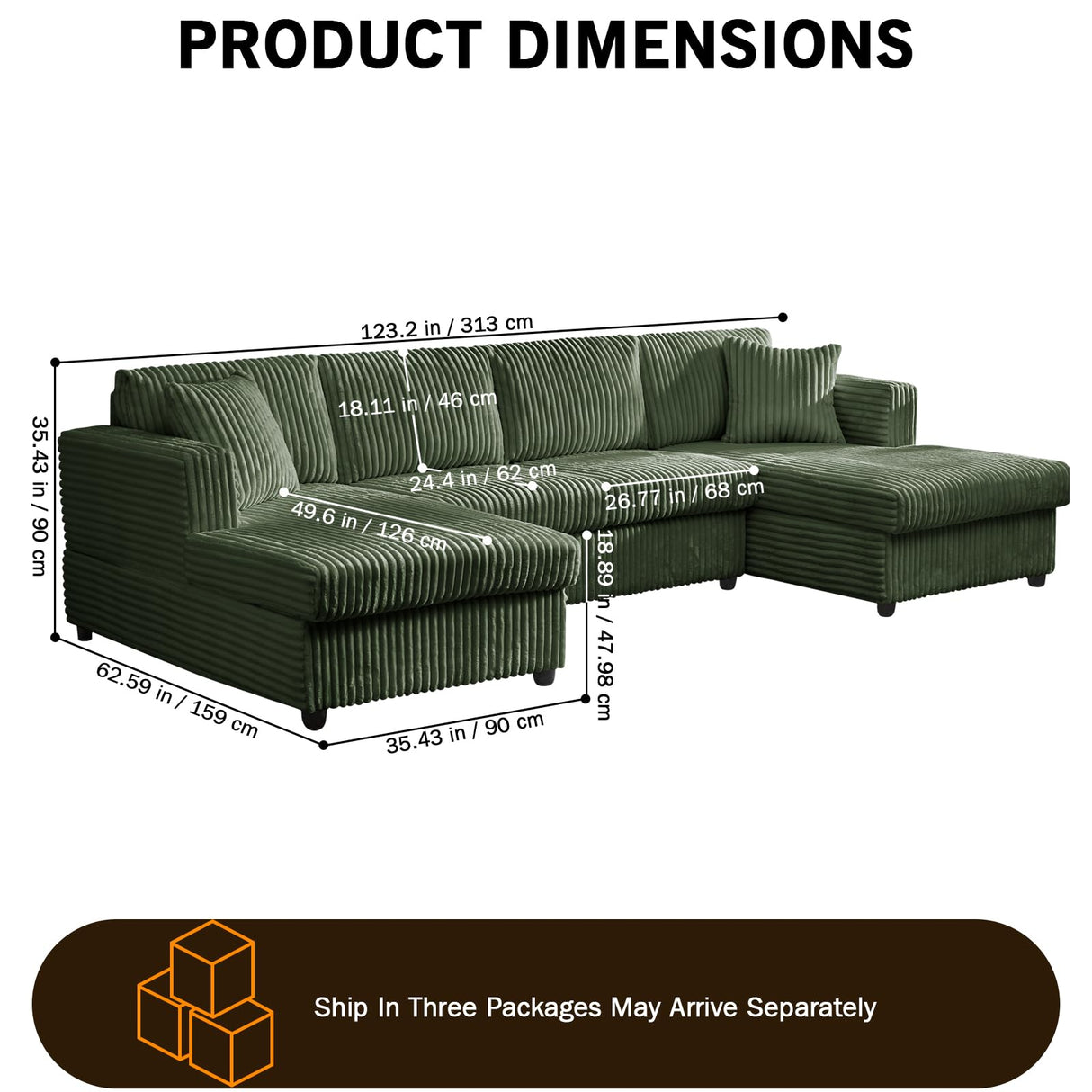 123" U-Shaped Modular sectional Sofa, Two L-Shape Chaise with 2 Cloud Couch sectional with Two Pillows, couches for Living Room(Green) MYINDA
