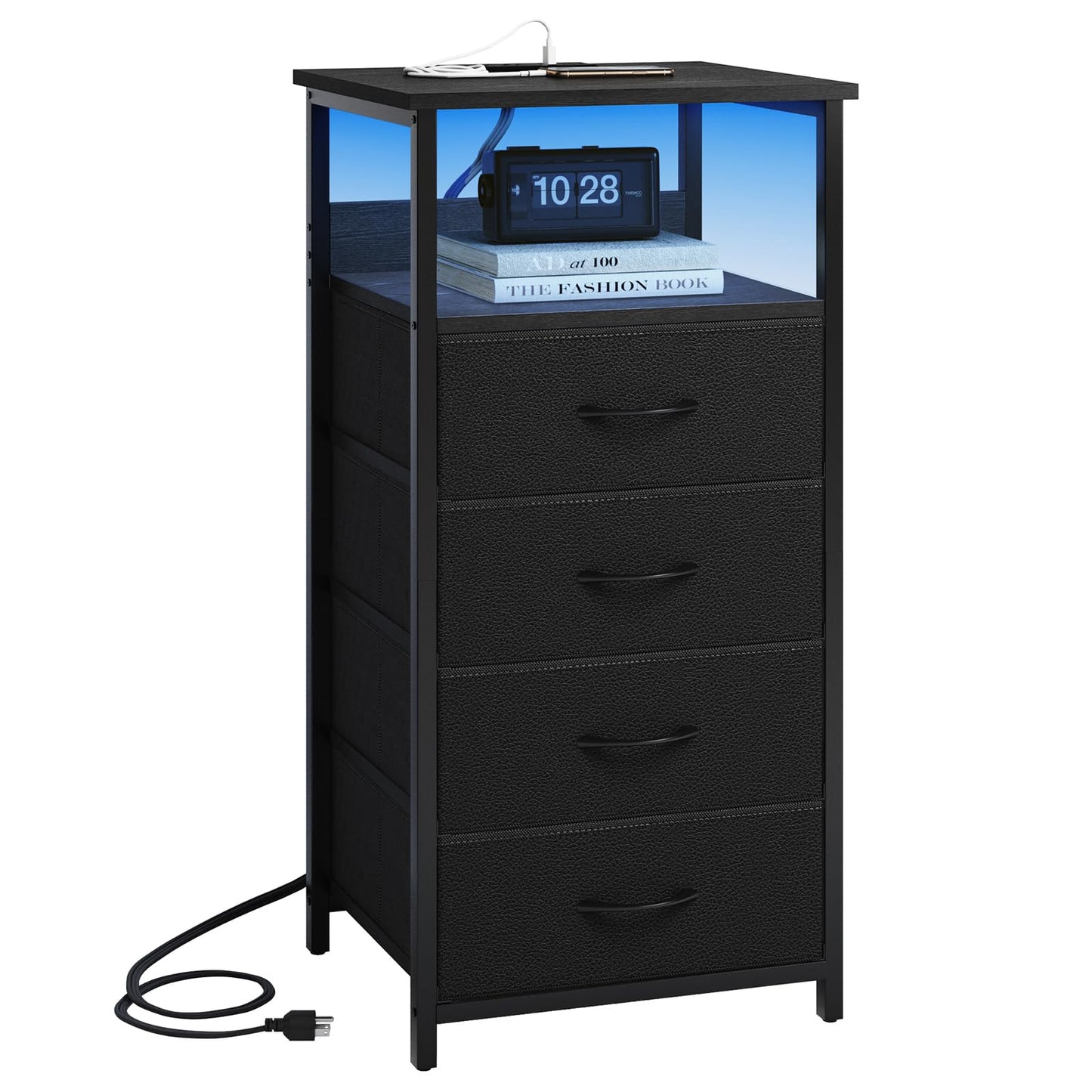 Fixwal Night Stand with Charging Station, LED Dresser for Bedroom Tall Nightstand with USB Ports and Outlets, 4 Fabric Storage Drawers with PU Finish, Bed Side Table, Black