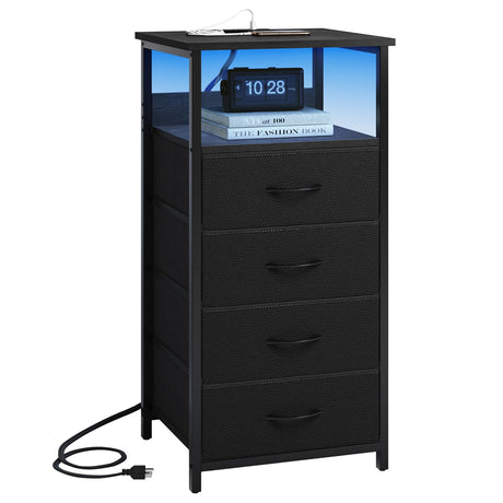Fixwal Night Stand with Charging Station, LED Dresser for Bedroom Tall Nightstand with USB Ports and Outlets, 4 Fabric Storage Drawers with PU Finish, Bed Side Table, Black Fixwal