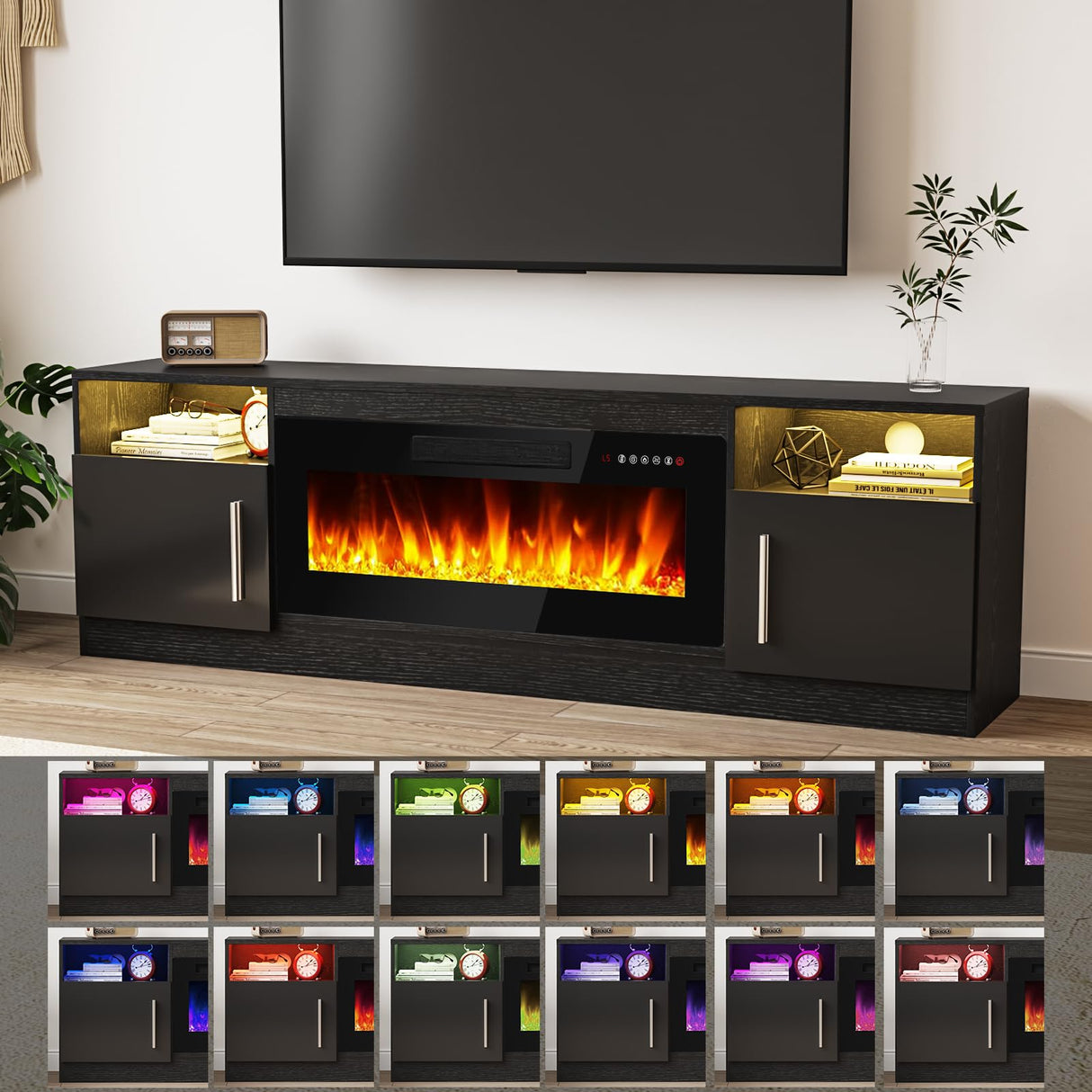 Tavata Fireplace TV Stand Entertainment Center with 36" Fireplace, 70" Wooden TV Stand for TVs Up to 80",Media TV Console with High Gloss Storage Cabinet and 16 Colors LED Lights (Black) TAVATA