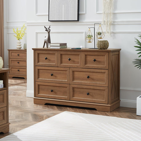 NONGSHIM 7 Drawer Dressers, Farmhouse Dresser Chest of Drawer for Bedroom, Modern Wood Drawer Dresser with Charging Station, Chest of Drawers Storage Cabinet for Living Room, Entryway, Natural Oak NONGSHIM