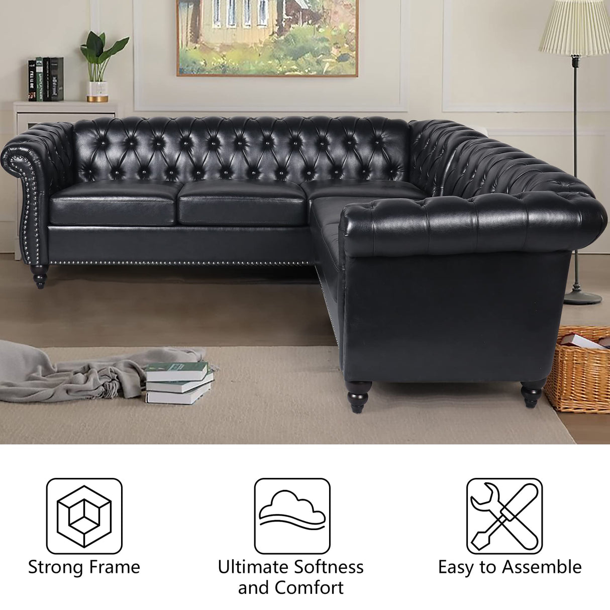 QHITTY L-Shaped Sofa, Sectional Chesterfield Leather Couch 5-Seater Upholstered Small Accent Tufted Sofa with Rolled Armrest and Nailhead Design for Living Room, Apartment, Office (Black) QHITTY