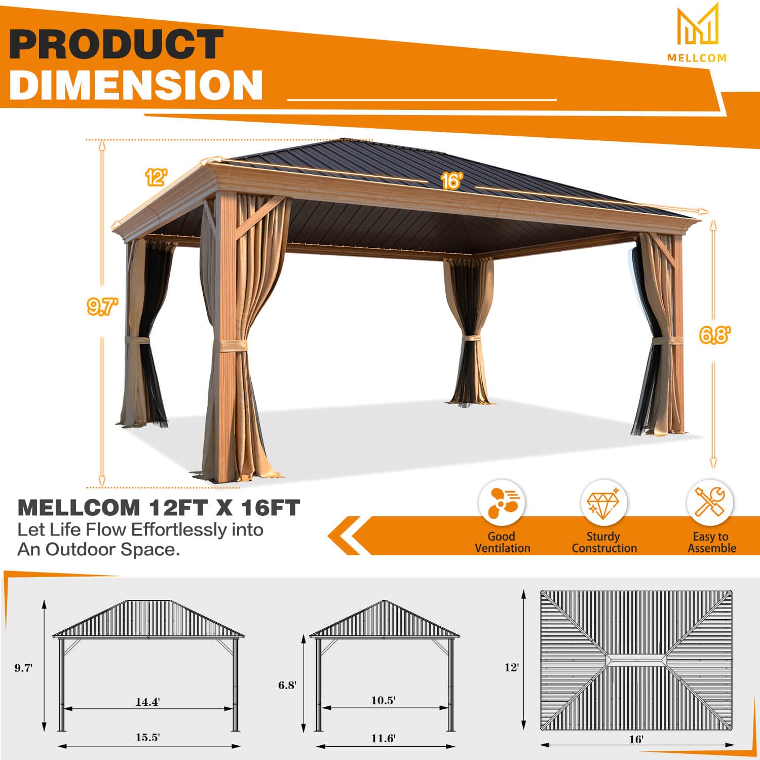 MELLCOM 12'x16' Hardtop Gazebo, Wood Looking Patio Gazebo with Aluminum Frame and Single Galvanized Steel Roof, Metal Outdoor Gazebo with Curtains and Nettings for Deck Backyard and Patio - WoodArtSupply