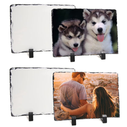 ORJ 4 Pack Sublimation Slate Blanks Custom Stone Slate Picture Frame Heat Transfer Rock Photo Plaque 6x8 Inch with Display Stand Decoration for Desktop Souvenir DIY Personalized Gift