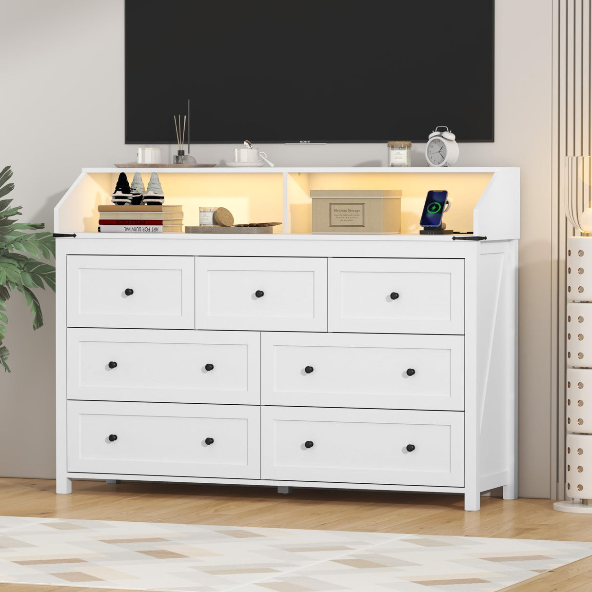 BORNOON 7 Drawer Dresser with LED Lights & Charging Station, Modern Wood Chest of Drawers for Bedroom, Wide Storage Dresser with Metal Handles & Anti-Tip Kit for Closet, Living Room, Entryway BORNOON