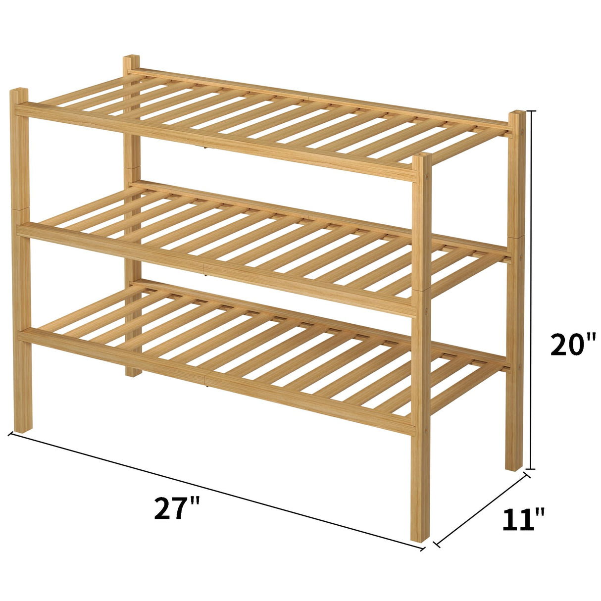 ROMGUAR CRAFT 3 Tier Bamboo Shoe Rack for Closet Free Standing Wood Shoe Shelf Storage Organizer for Entryway Small Space Stackable 27"x11"x20" (Natural) ROMGUAR CRAFT