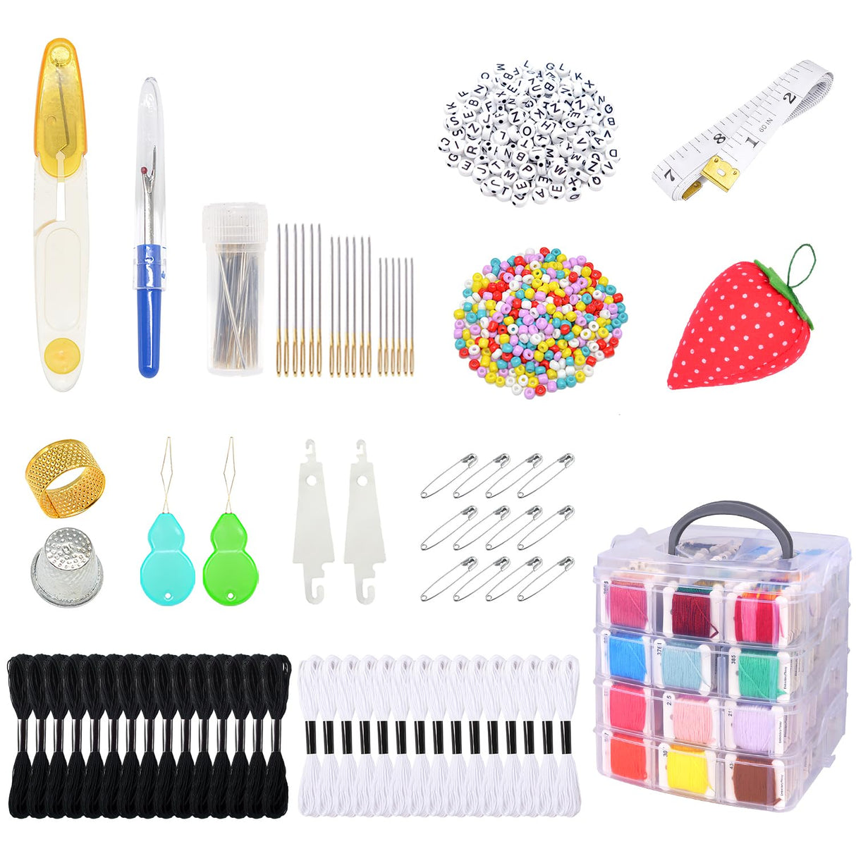 VICOVI Embroidery Thread Kit Including 200 Skeins Embroidery Floss 30 Skeins White & Black Embroidery Thread Cross Stitch Tool for Friendship Bracelets Arts DIY Crafts with 4-Tier Transparent Box VICOVI