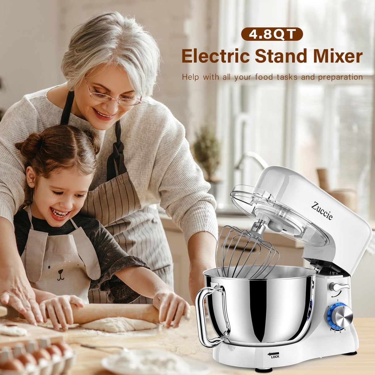 Stand Mixer, Zuccie 4.8QT Kitchen Electric Stand Mixer, 380W Motor Power Food Mixer, 8+P-Speed Dough Mixer with Dough Hook, Wire Whip & Beater, White Zuccie