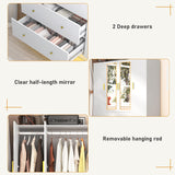 4 Doors Armoire Wardrobe Closet with Mirror, LED Armoire with Doors and Drawers, Wooden Wardrobe Storage Cabinet with Hanging Rod, Adjustable Shelves, White chartustriable