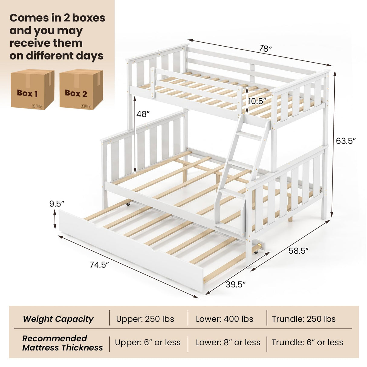 Giantex 3-in-1 Convertible Twin Over Full Bunk Bed with Trundle - Solid Wood, Reversible Ladder & Safety Guardrails - White Giantex