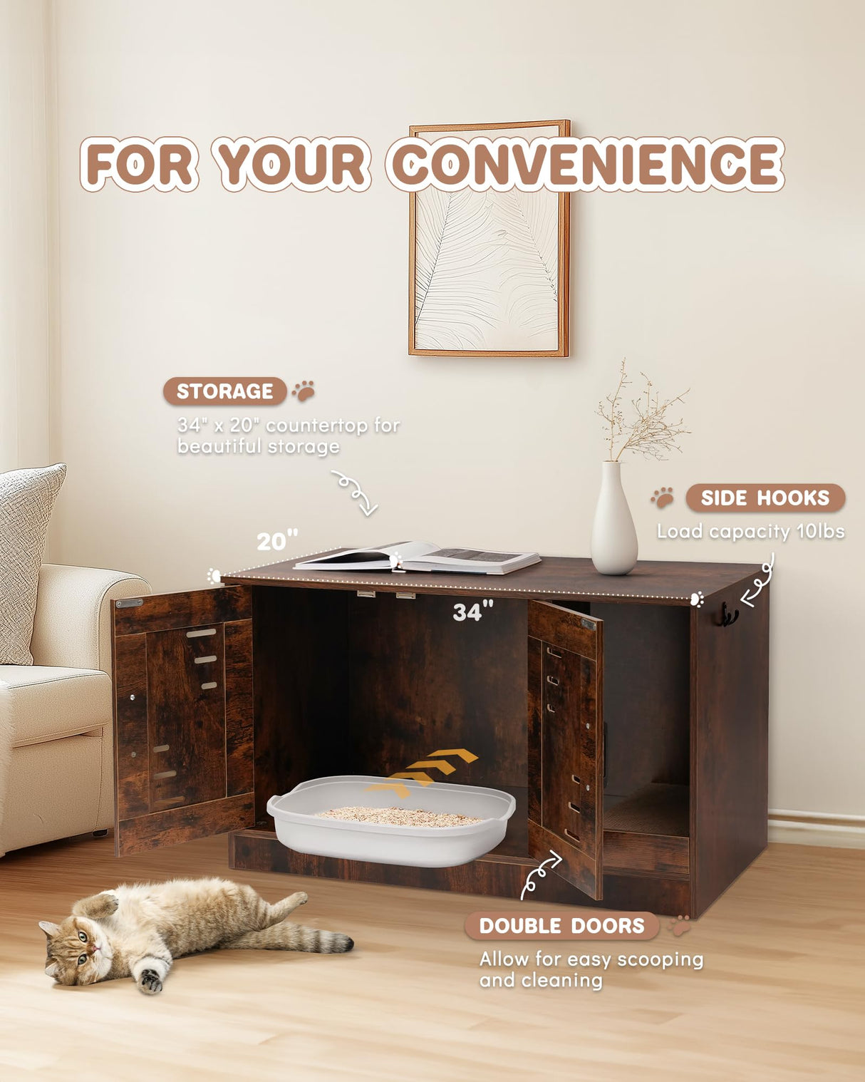 JubiNatural Cat Litter Box Enclosure, Hidden Cat Litter Box Furniture with Vent and Scratch Pad, Enclosed Odor Control, Easy Clean Panel, for Bedroom, Living Room, Rustic Brown JubiNatural