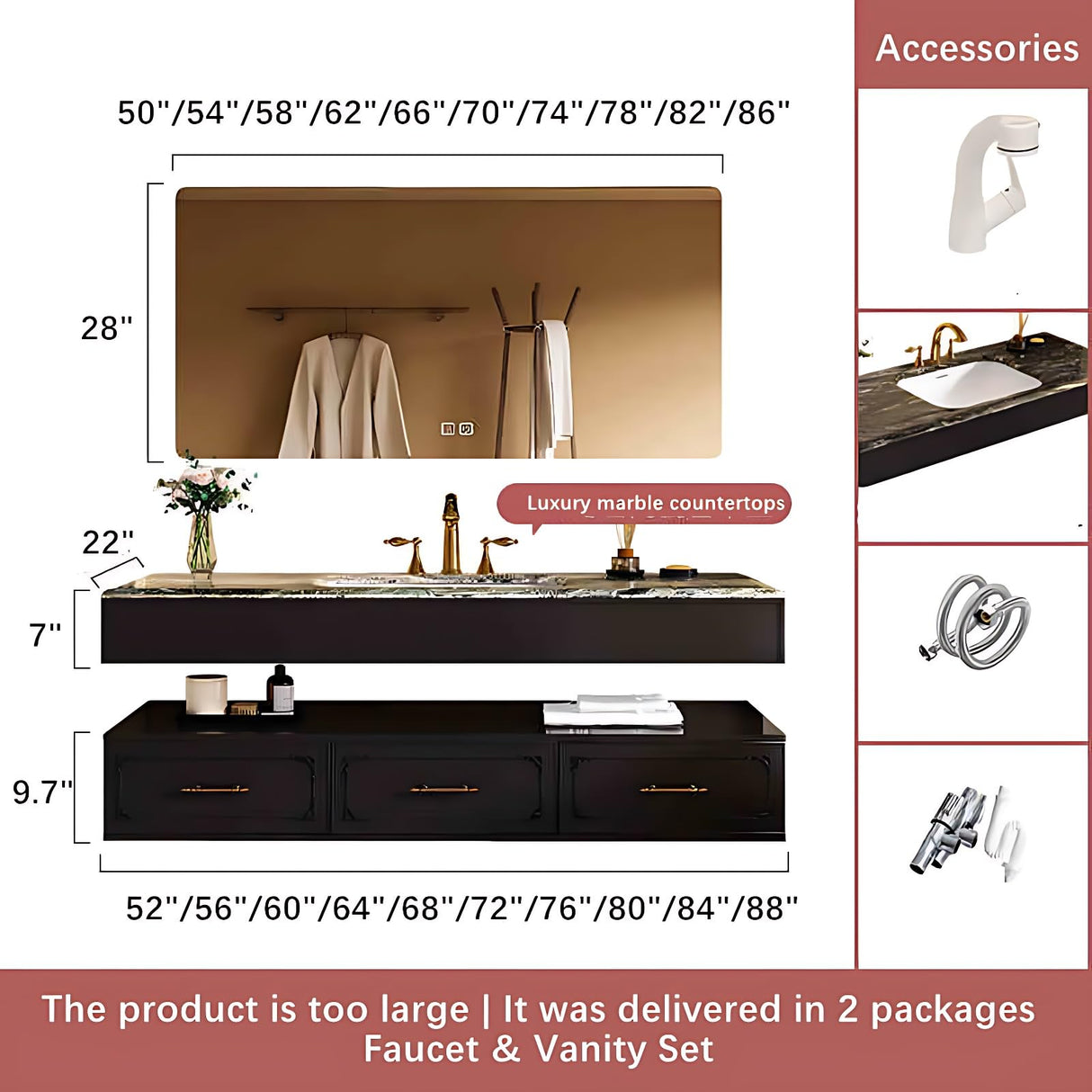 Bathroom Vanity with Sink - Single Sink Bathroom Vanity & Smart Mirror Cabinet Set, Floating Vanity Design with Bathroom Sink Cabinet, Stylish Bathroom Vanity Cabinet for Modern Bathrooms (Black, 60") ZGNBSD