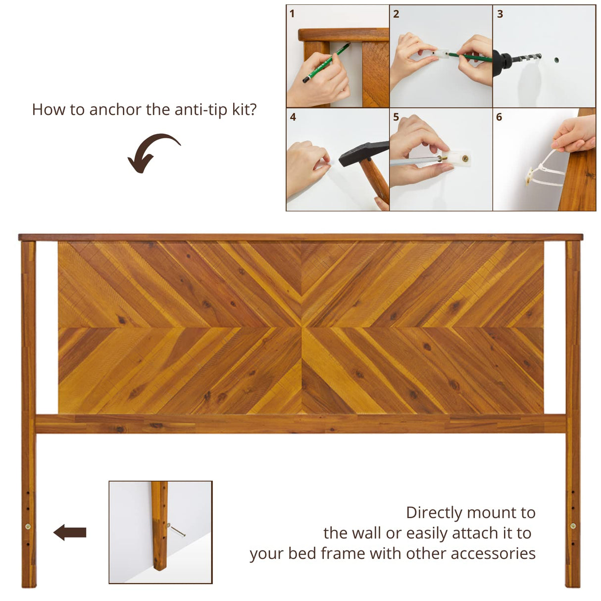 Bme Vivian Rustic Golden Brown Headboard - Solid Acacia Wood, Scandinavian Design, Easy Assembly, King Size Bme