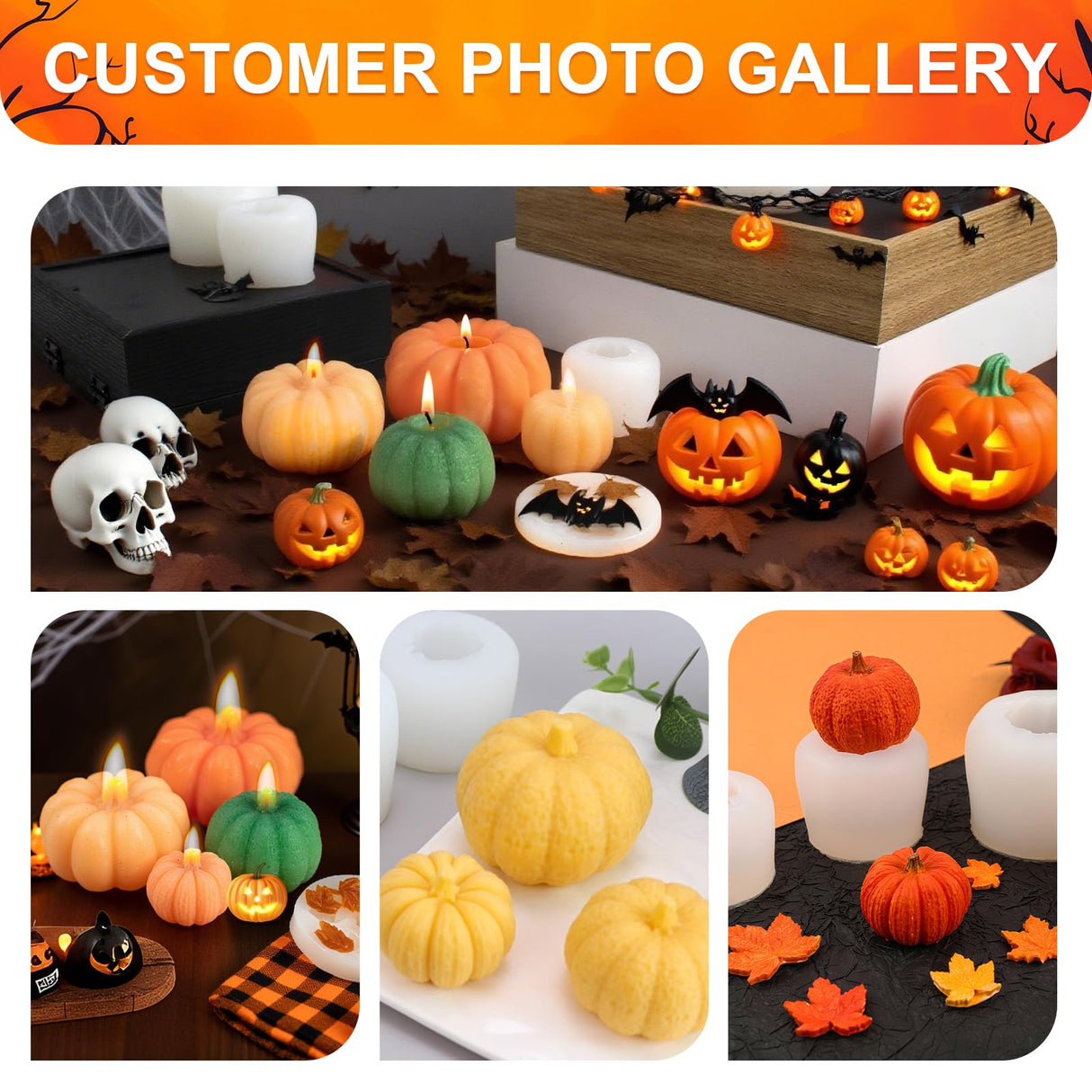 MGLIFEUL 6 pcs Upgrade Large Halloween Pumpkin Maple Leaf Candle Silicone Candle Mold with Wax Core, Halloween Fall Pumpkin Candle Resin Soap Molds Silicone Suitable for Businesses or households MGLIFEUL
