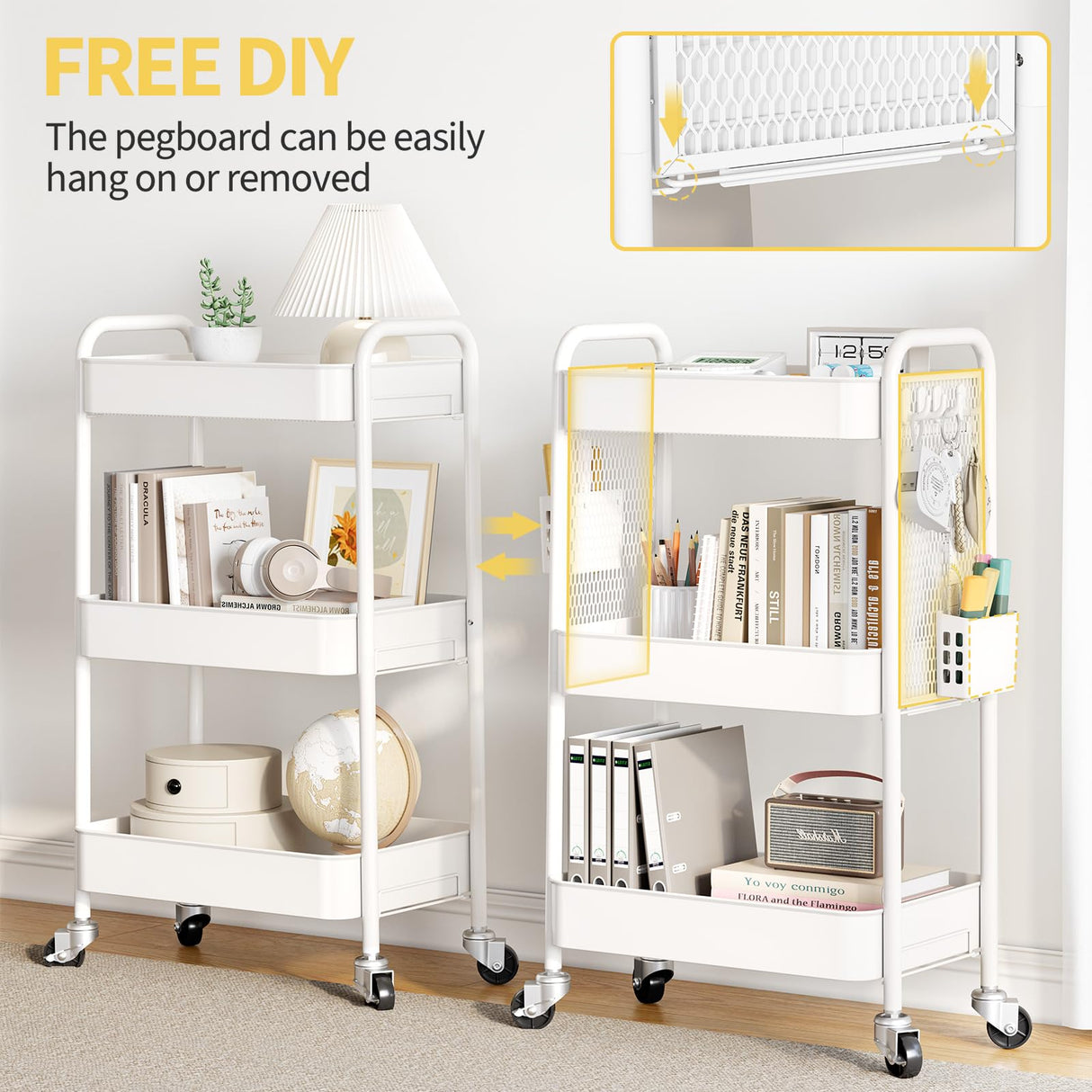 TOOLF 3 Tier Rolling Cart Storage Organizer, Metal Rolling Utility Cart with Wheels, Hooks & Bins Esthetician Craft Art Sturdy Storage with Pegboard for Bathroom, Kitchen, Office, Nursery Diaper TOOLF