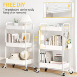 TOOLF 3 Tier Rolling Cart Storage Organizer, Metal Rolling Utility Cart with Wheels, Hooks & Bins Esthetician Craft Art Sturdy Storage with Pegboard for Bathroom, Kitchen, Office, Nursery Diaper TOOLF